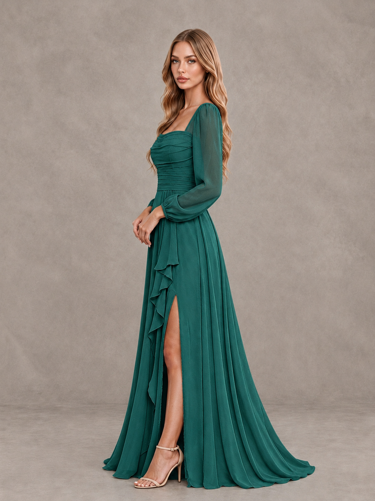 BOLODOO Teal Square Neck Long Sleeve Bridesmaid Dress with Ruffle Slit - Teal - Teal_4