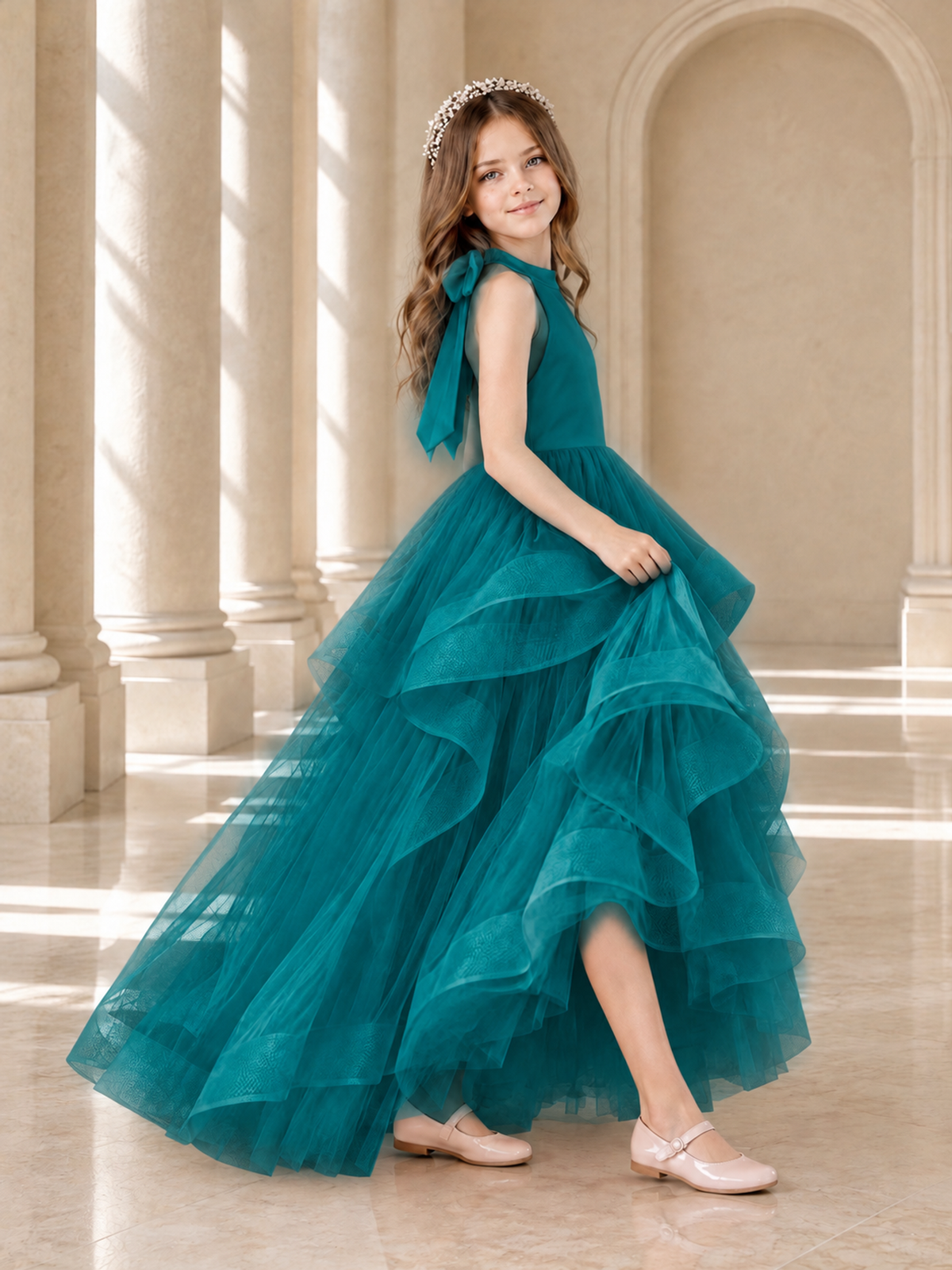 BOLODOO Teal Halter Tiered Tulle Flower Girl Dress with Bow Back - Teal - Teal_4