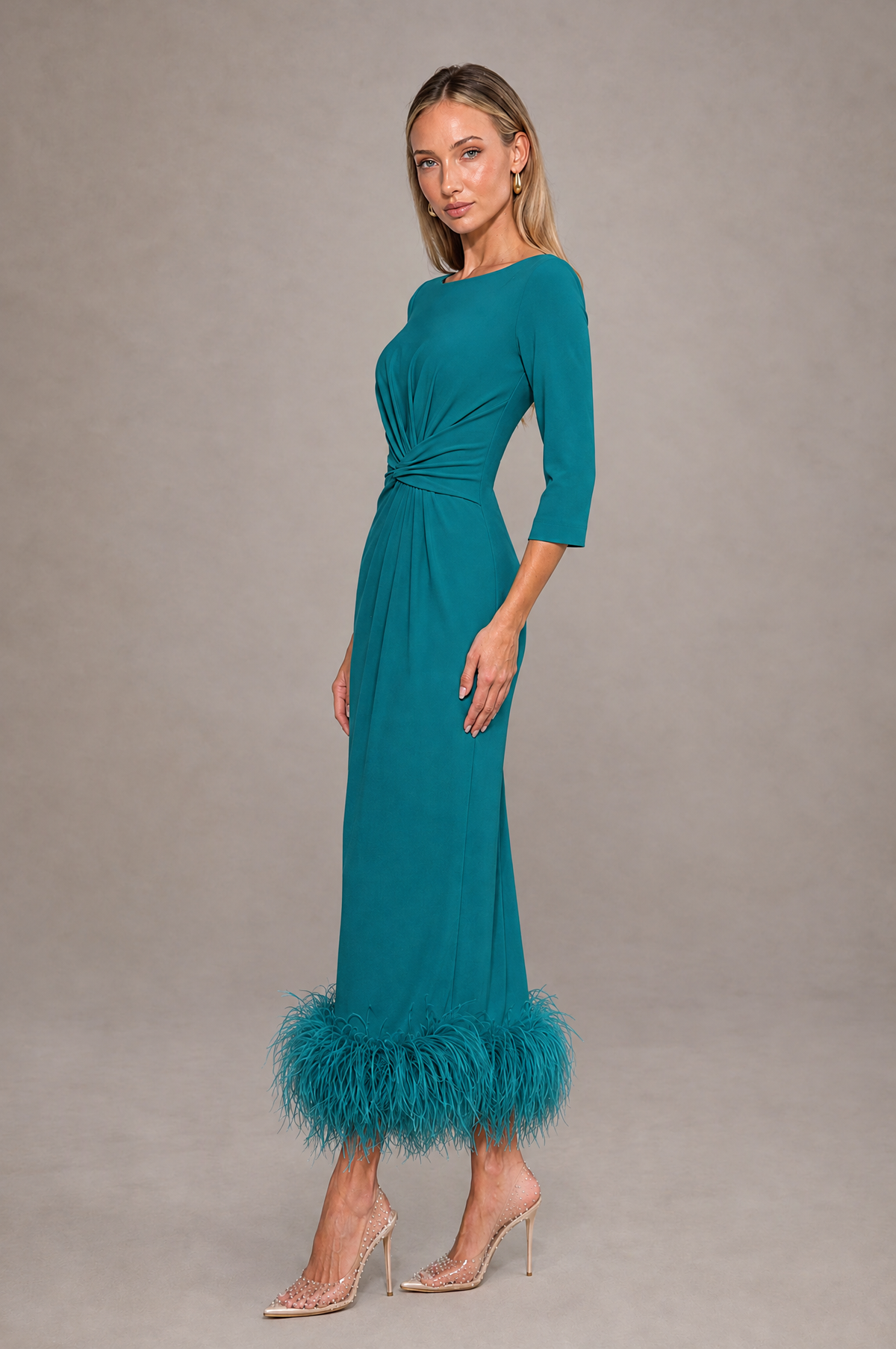 BOLODOO Teal Feather-Trim Twist-Waist Midi Dress - Teal - Teal_4