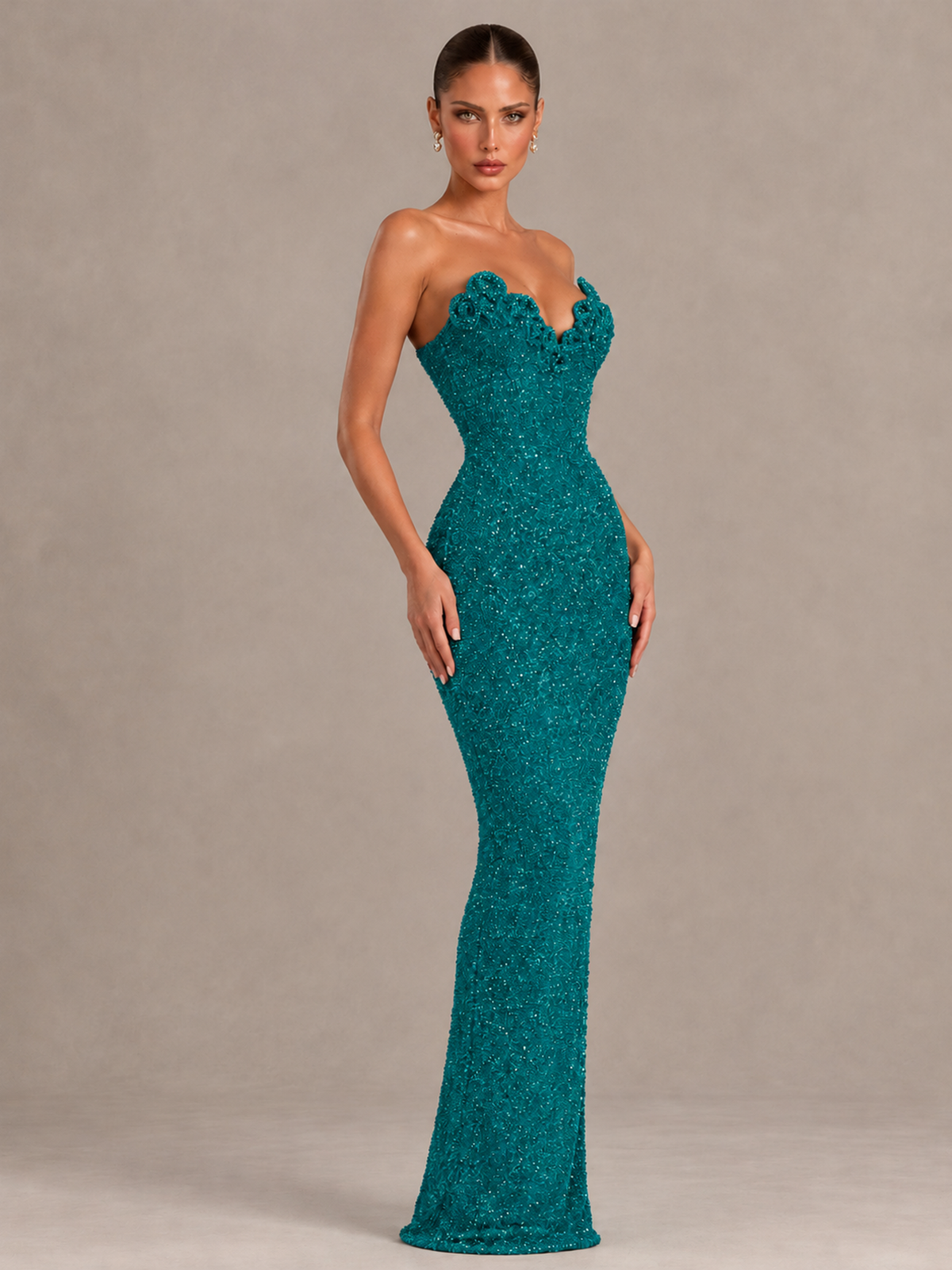 BOLODOO Teal Strapless Sequin Evening Gown with Floral Neckline - Teal - Teal_4