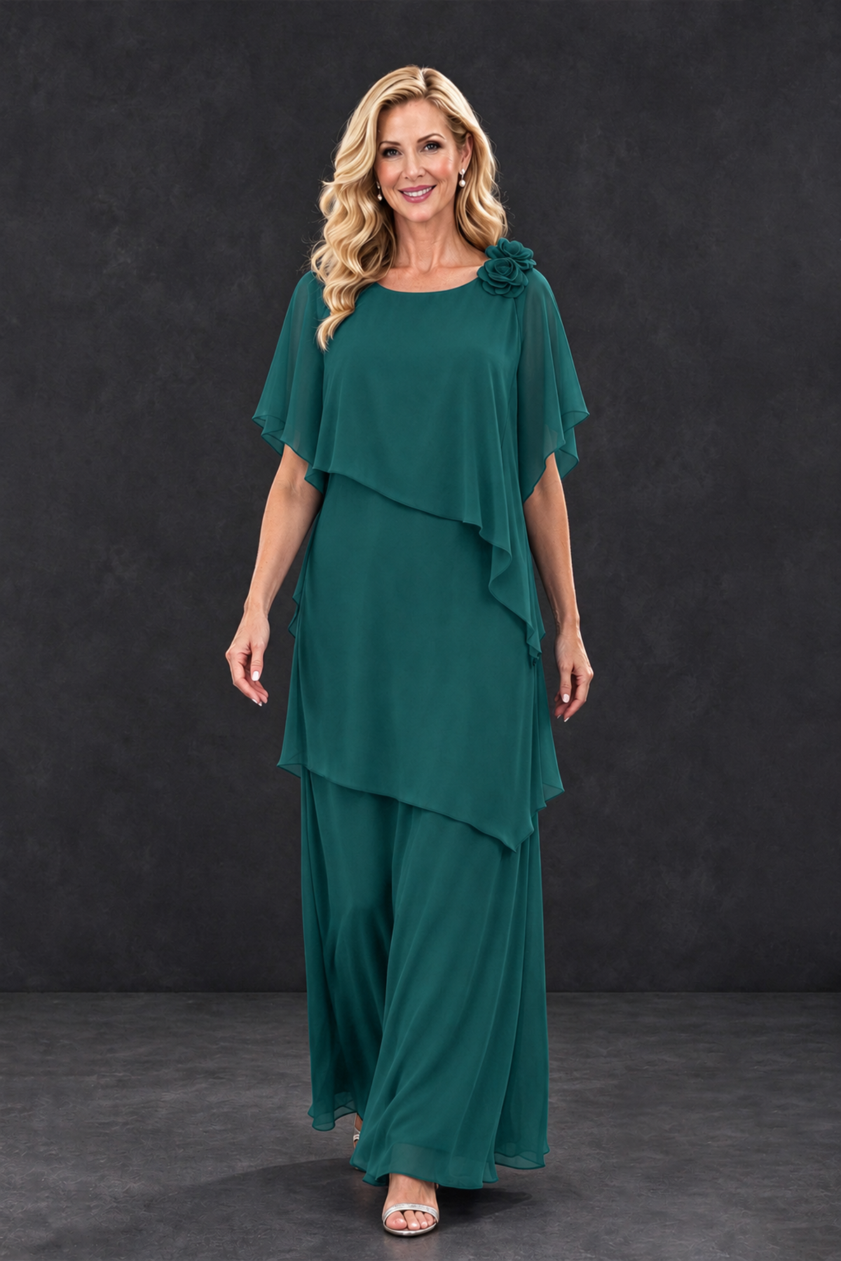 BOLODOO Teal Tiered Flutter Sleeve Mother of the Bride Maxi Dress - Teal - Teal_4