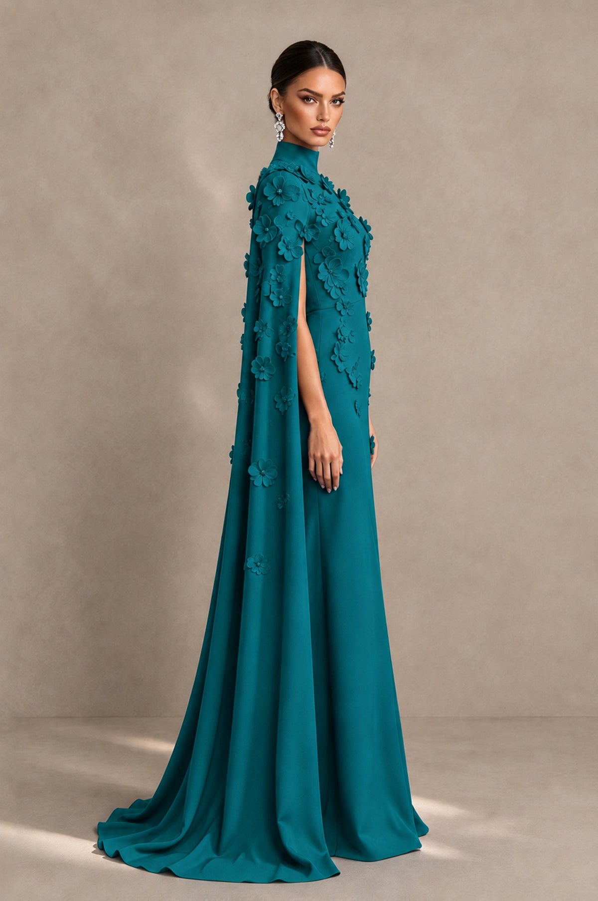 BOLODOO Teal 3D Floral Applique Cape Formal Dress - Teal - Teal_4