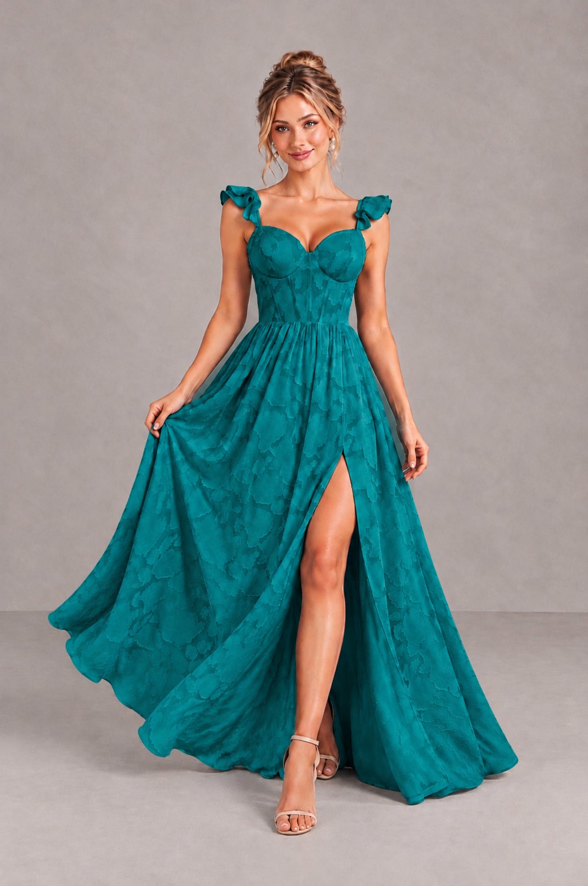 BOLODOO Teal Floral A-Line Bridesmaid Dress with Slit Ruffle Straps Maxi Gown - Teal - Teal_4