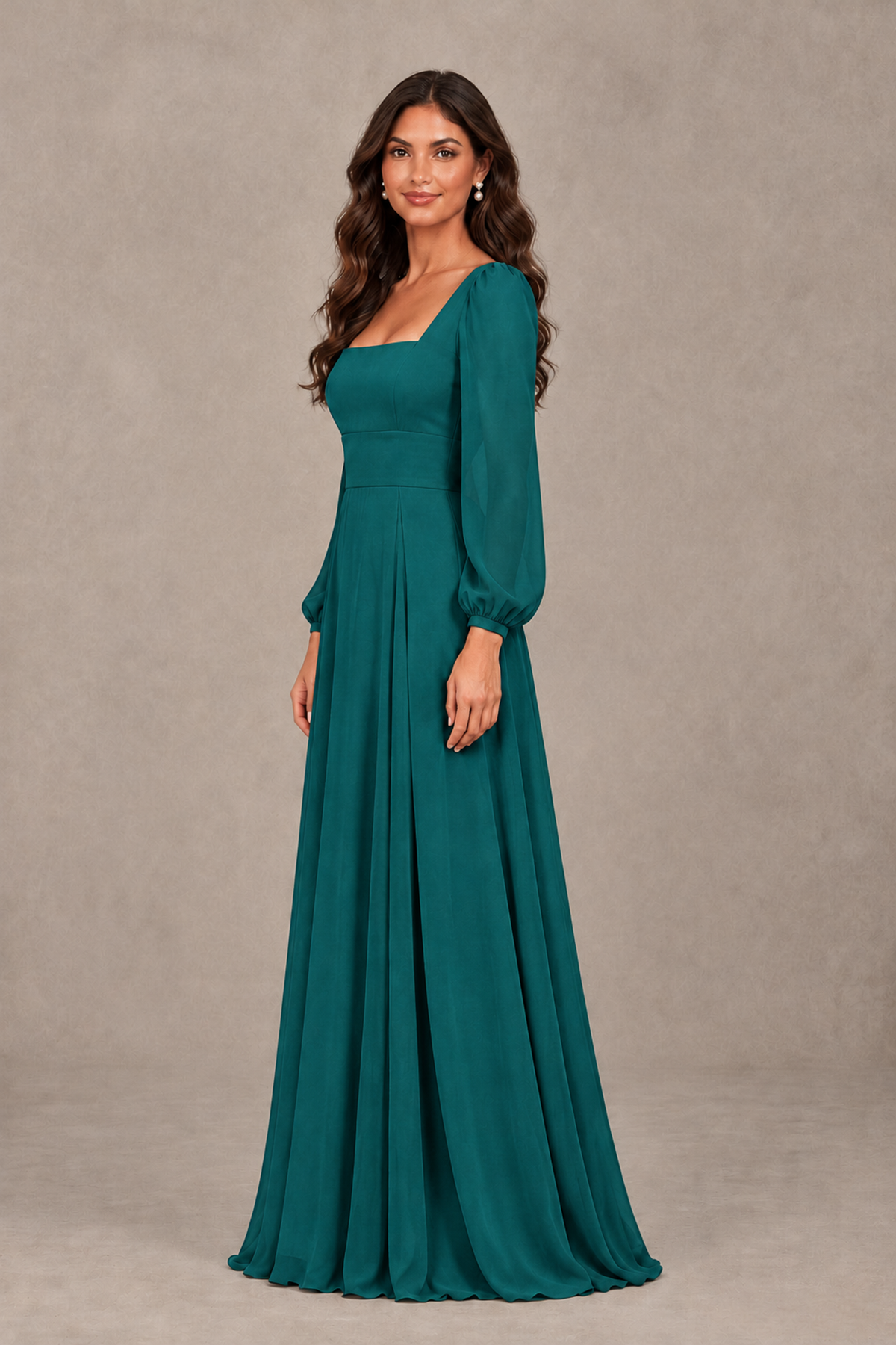BOLODOO Teal Square Neck Long Sleeve A-Line Bridesmaid Dress - Teal - Teal_4