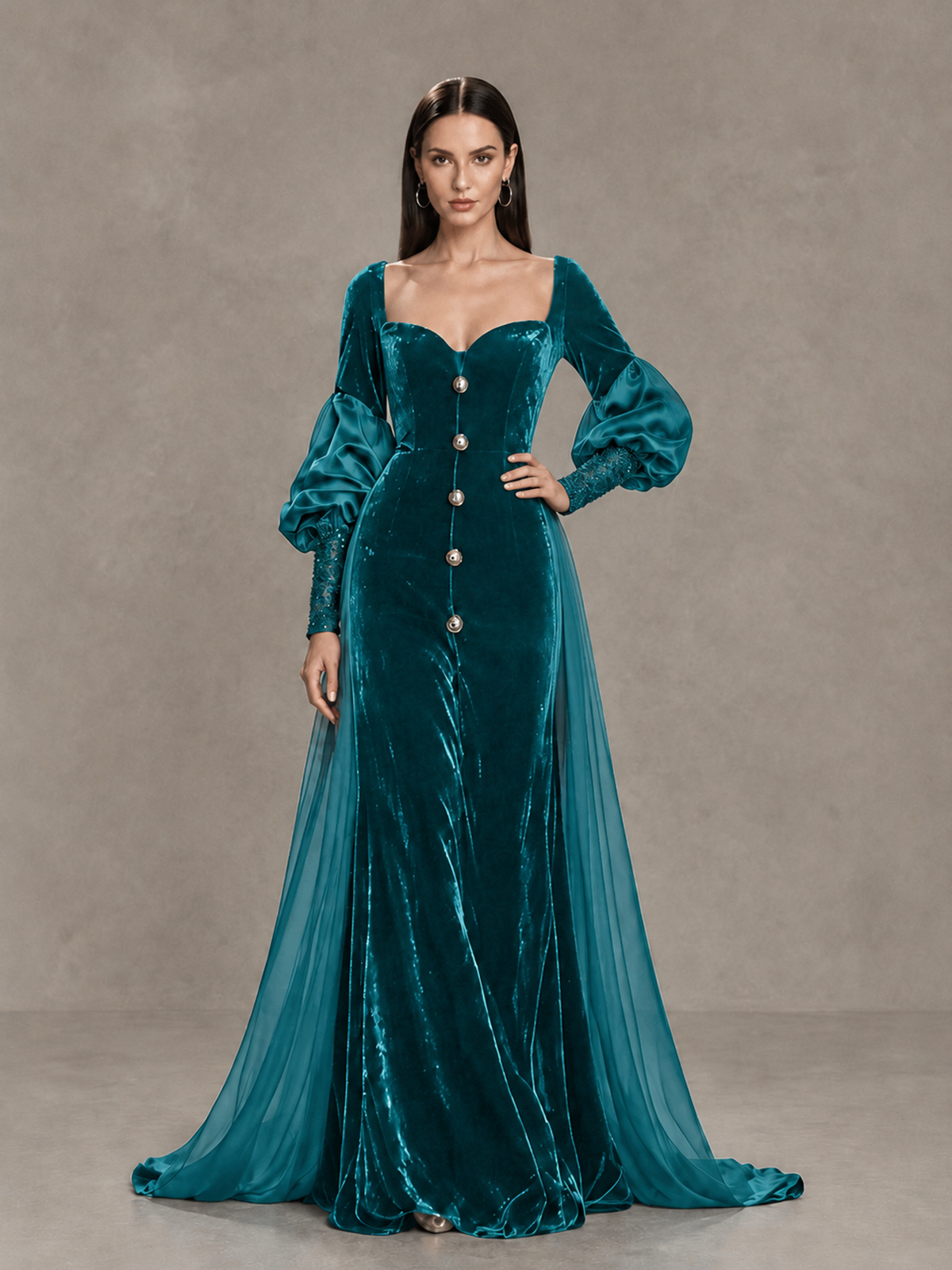 BOLODOO Teal Velvet Long Sleeve Open-Back Evening Gown - Teal - Teal_4