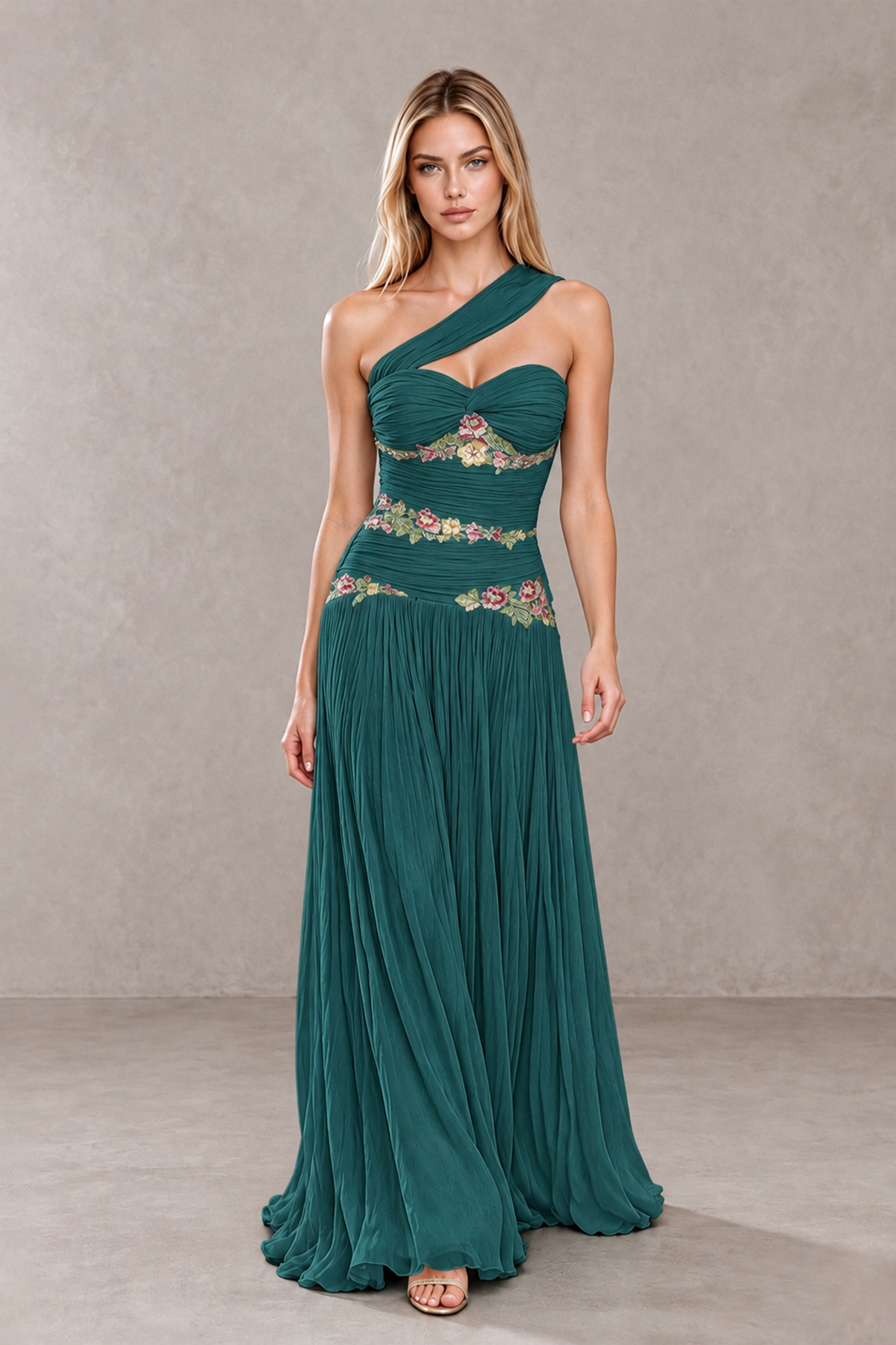 BOLODOO Teal One-Shoulder Floral Applique A-Line Evening Dress - Teal - Teal_4