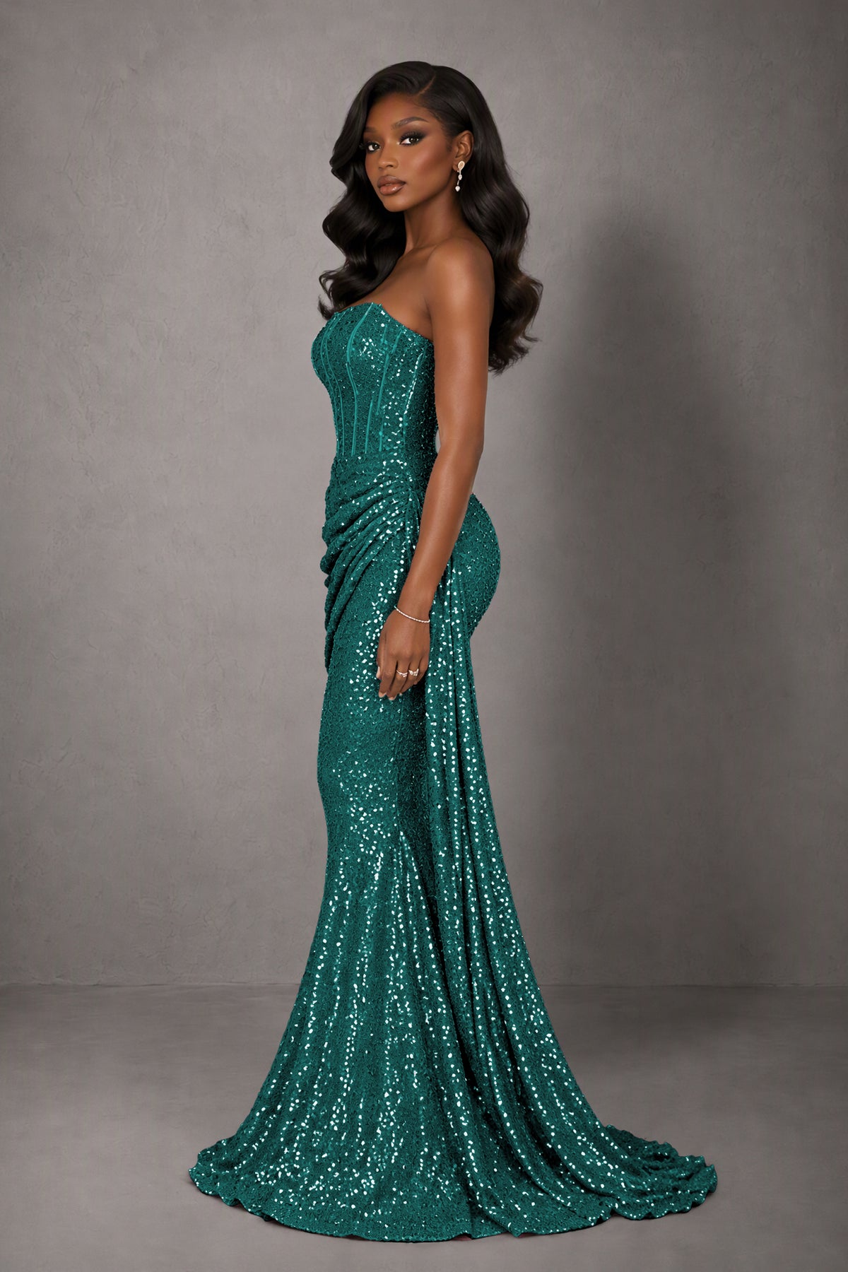 BOLODOO Teal Sequin Strapless Corset Mermaid Evening Gown with Train - Teal