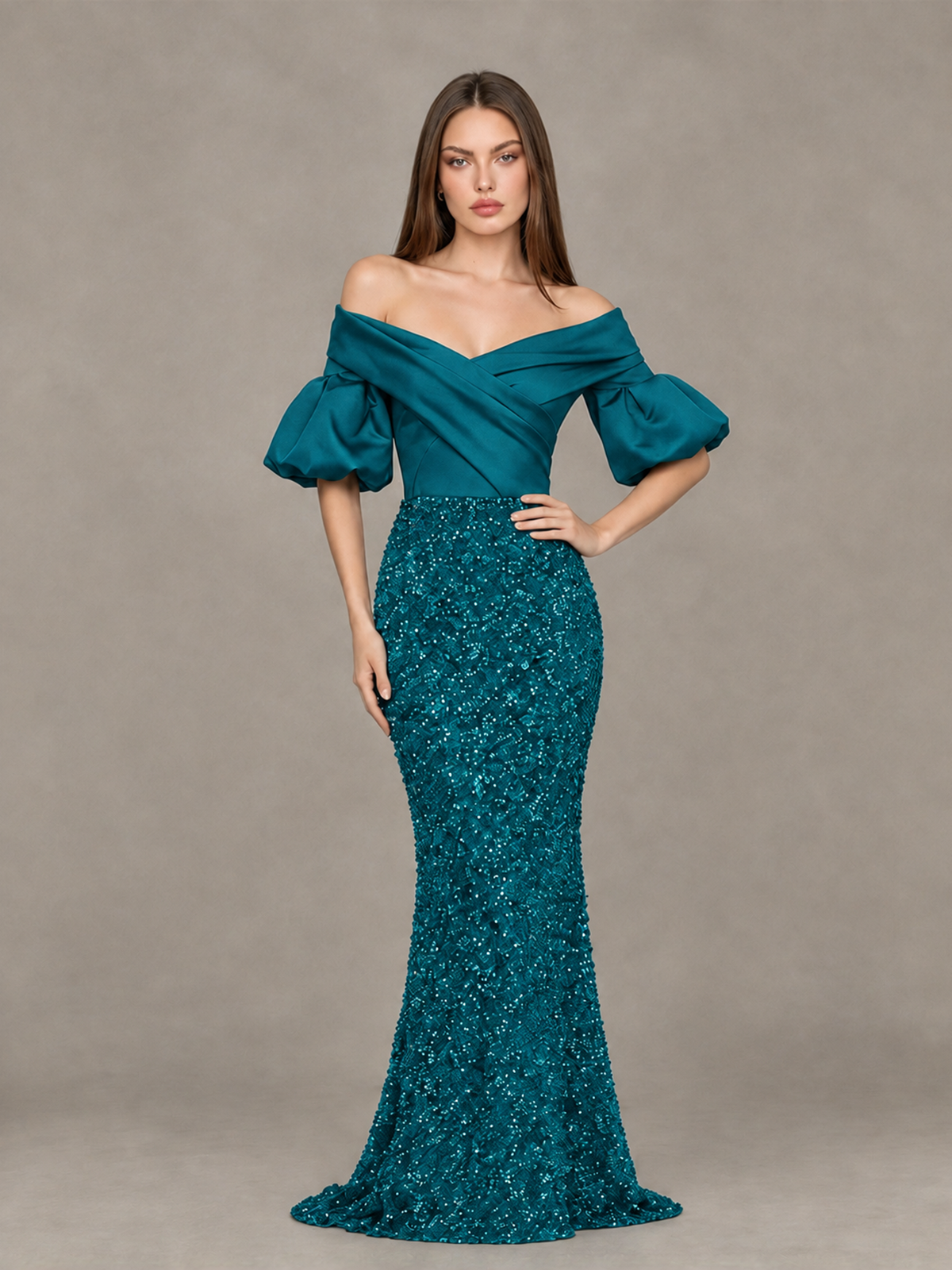 BOLODOO Teal Off-Shoulder Puff Sleeve Sequin Mermaid Evening Dress - Teal - Teal_4
