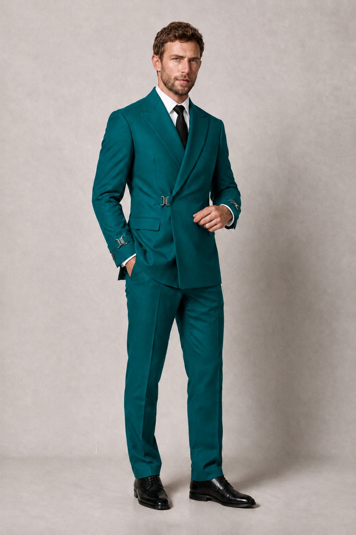 BOLODOO Men's Teal Double-Breasted 2-Piece Suit Set – Blazer & Tailored Trousers - Teal