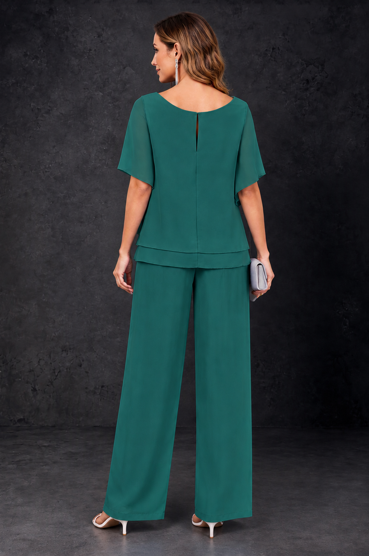 BOLODOO Teal Layered Chiffon-Look Mother of the Bride Pantsuit - Teal - Teal_4