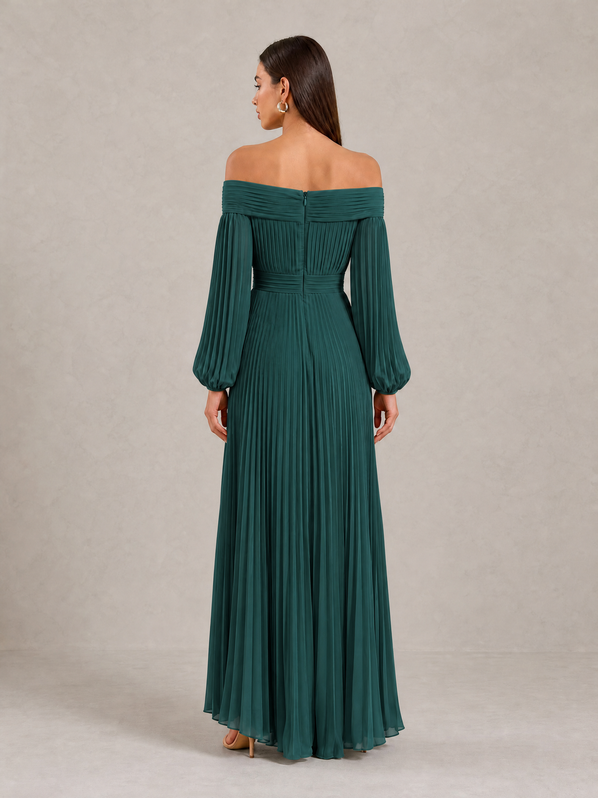 BOLODOO Teal Off-Shoulder Long Sleeve Pleated High-Low Dress - Teal - Teal_4