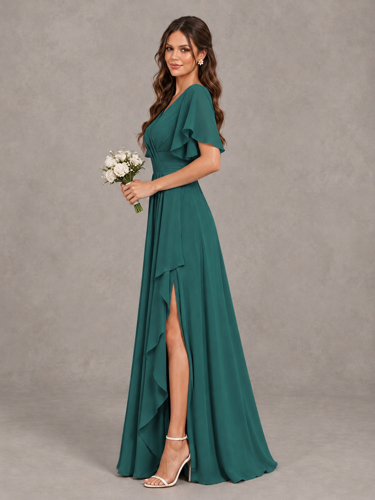 BOLODOO Teal Flutter Sleeve V-Neck Bridesmaid Dress with Ruffle Slit - Teal - Teal_4