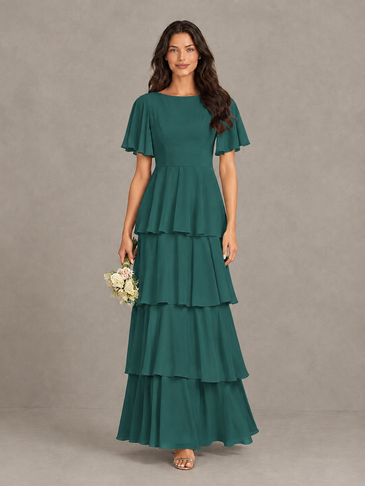 BOLODOO Teal Tiered Flutter Sleeve Bridesmaid Dress - Teal - Teal_4