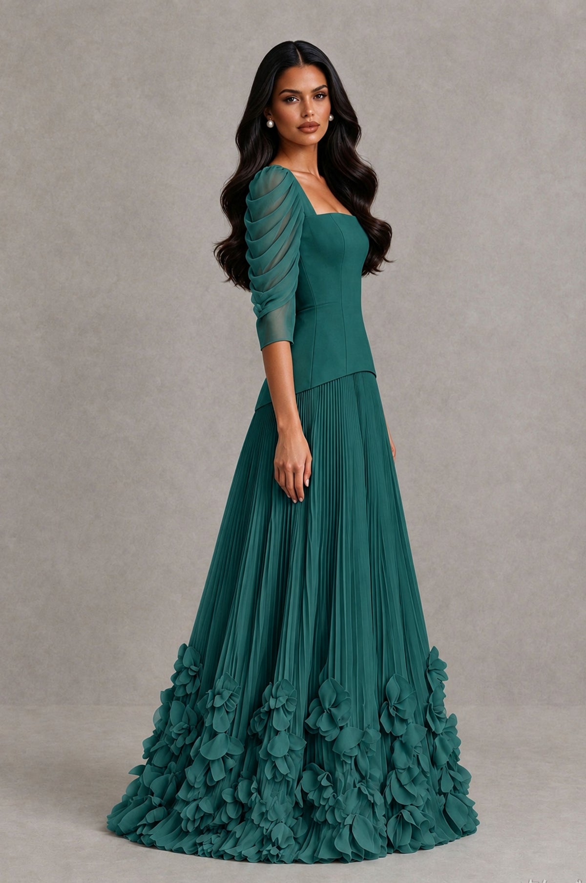 BOLODOO Teal Square Neck Pleated Floral Applique Evening Dress - Teal - Teal_4