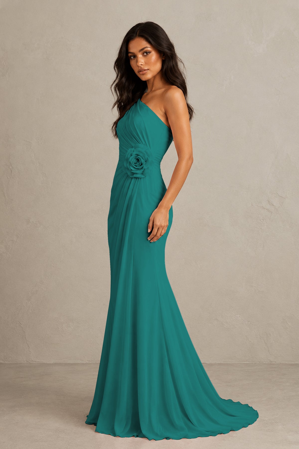 BOLODOO Teal One-Shoulder Floral Ruched Maxi Dress - Teal
