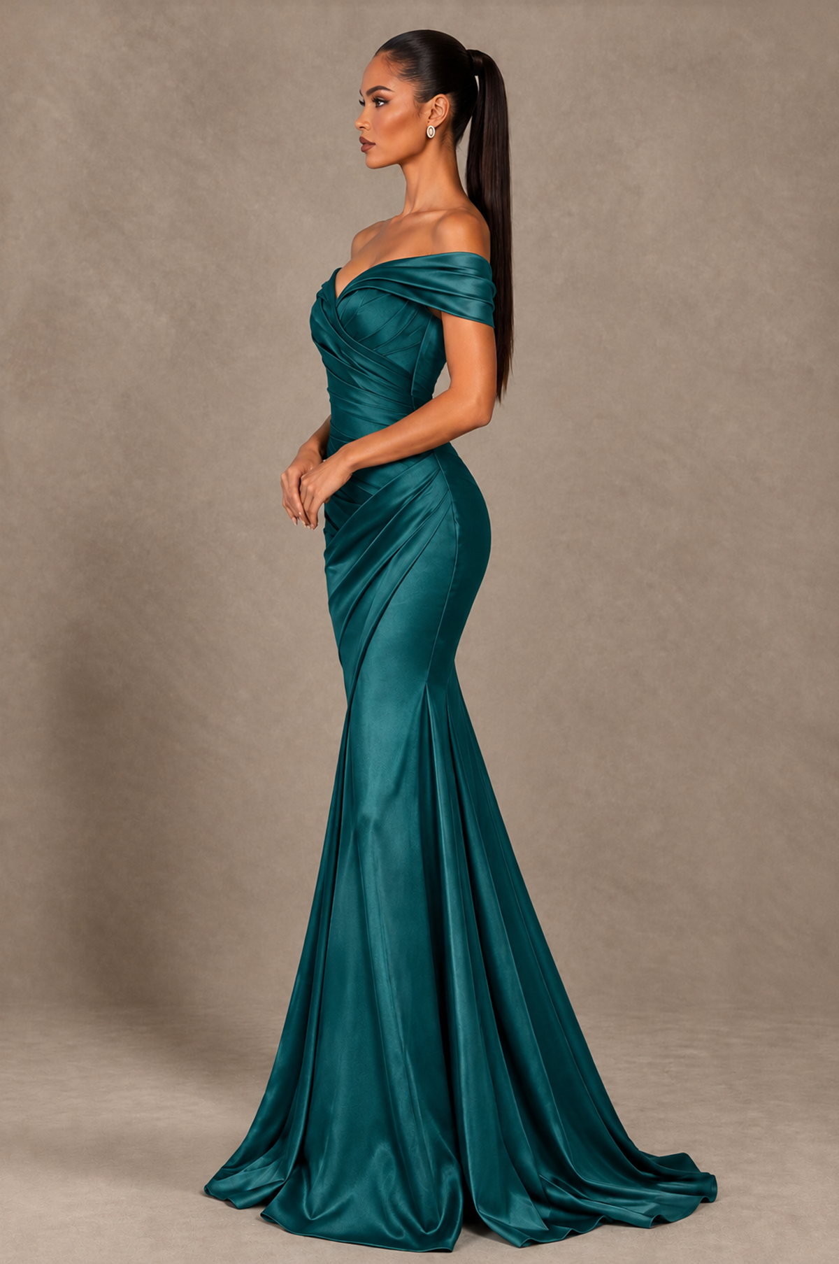 BOLODOO Teal Off-the-Shoulder Ruched Satin Mermaid Evening Dress - Teal - Teal_4