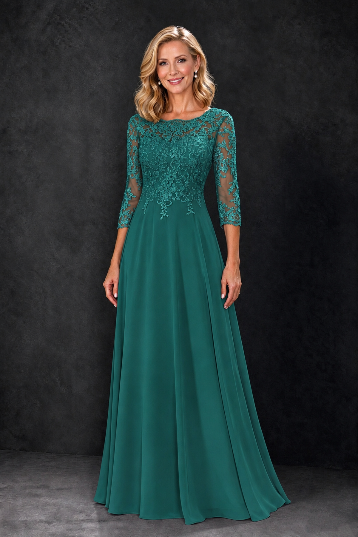 BOLODOO Teal Lace Embroidered Mother of the Bride Dress with 3/4 Sleeves - Teal - Teal_4