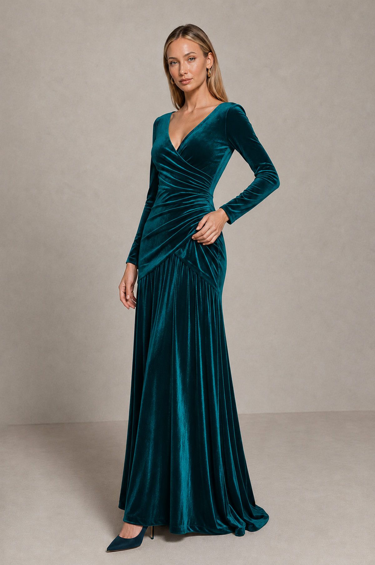 BOLODOO Teal Velvet Long Sleeve V-Neck Ruched Evening Dress - Teal - Teal_4