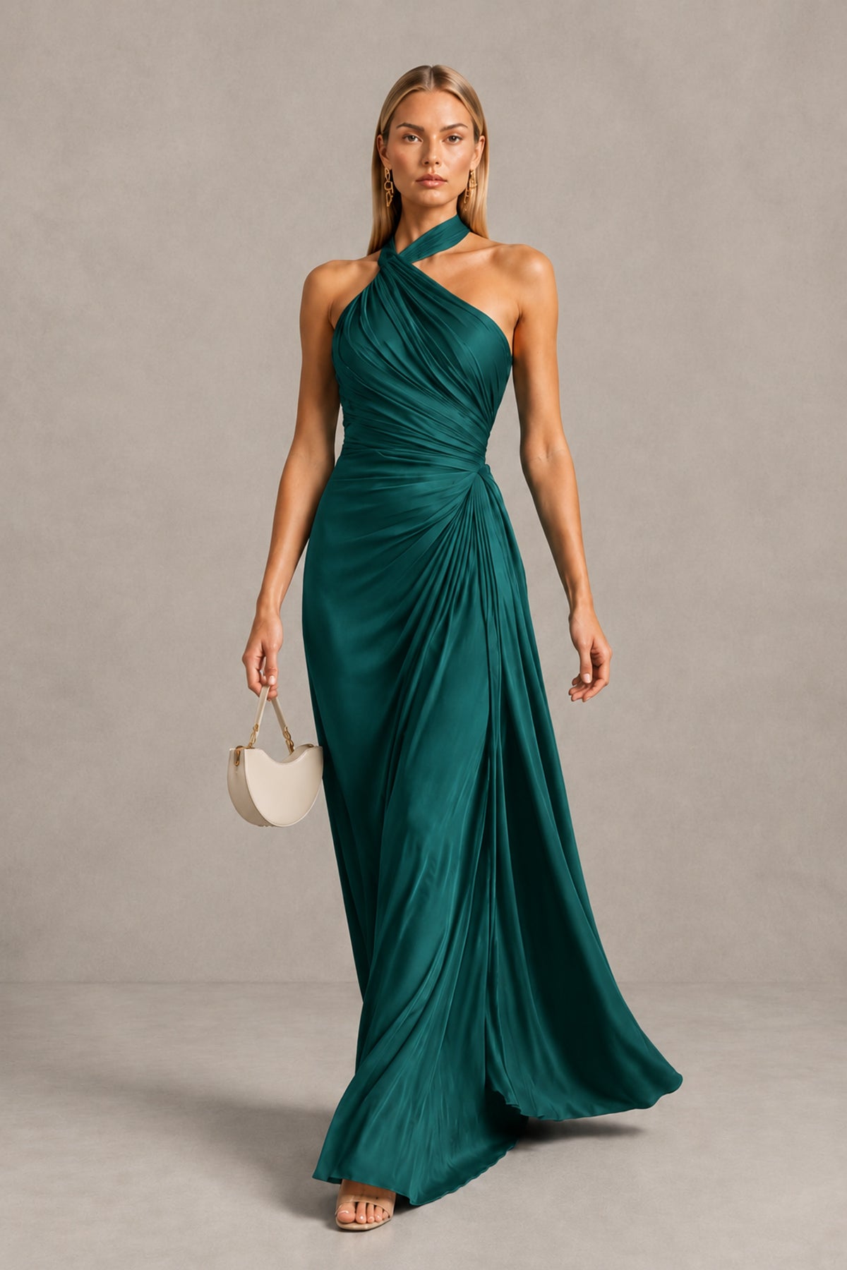 BOLODOO Teal Twisted Halter Neck Ruched Sleeveless Open Back Floor-Length Gown - Teal - Teal_4