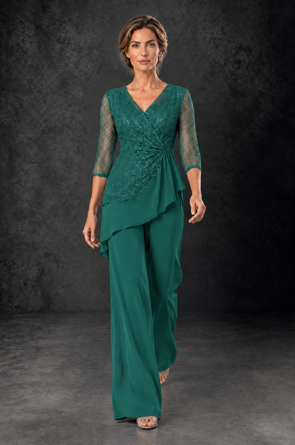 BOLODOO Teal Sequin Lace 3/4 Sleeve Chiffon Mother of the Bride Pant Suit - Teal - Teal_4