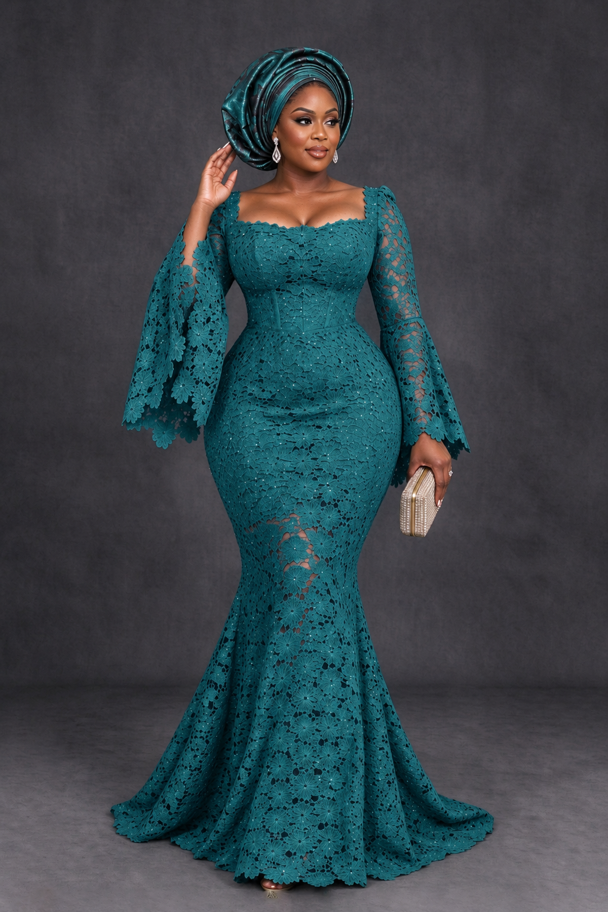 BOLODOO Teal African Lace Mermaid Dress, Plus Size Nigerian Wedding Guest Gown with Bell Sleeves - Teal - Teal_4