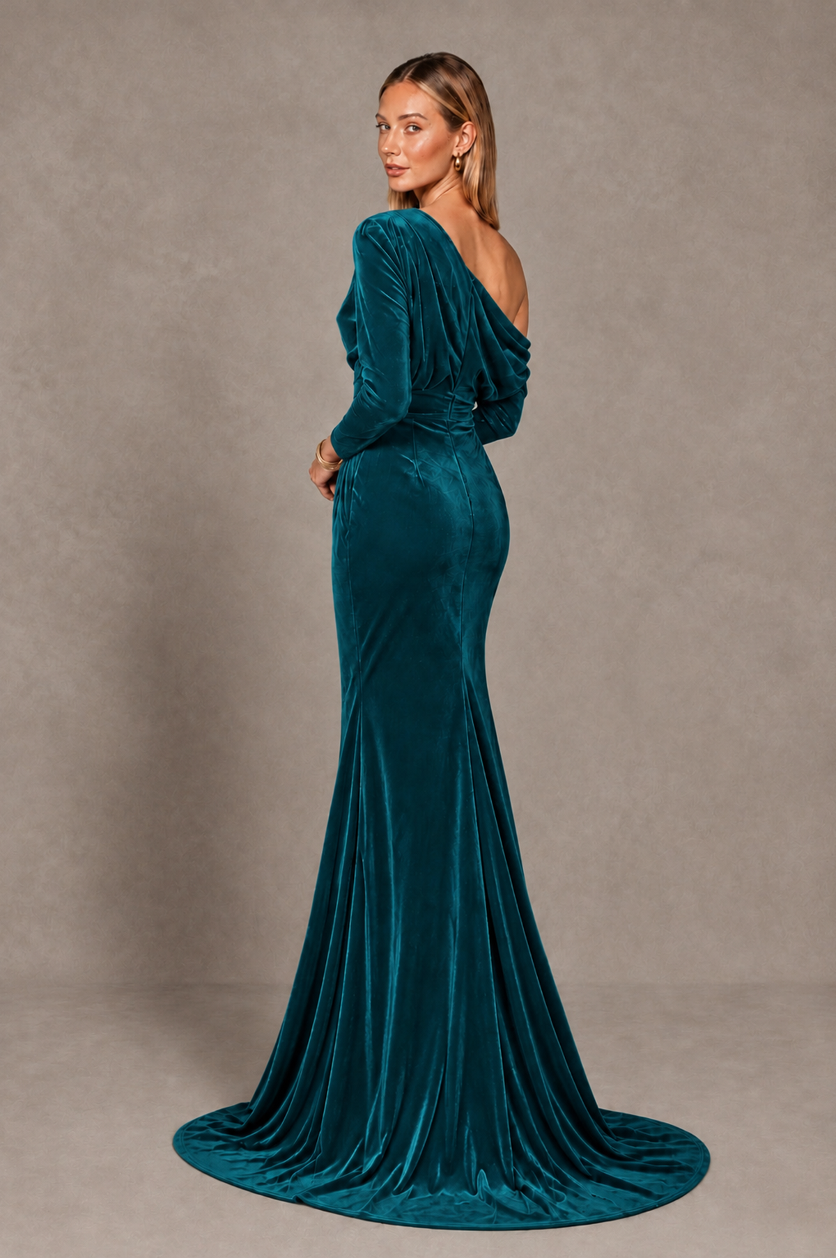 BOLODOO Teal Velvet Asymmetric Neck Mermaid Evening Dress - Teal - Teal_4