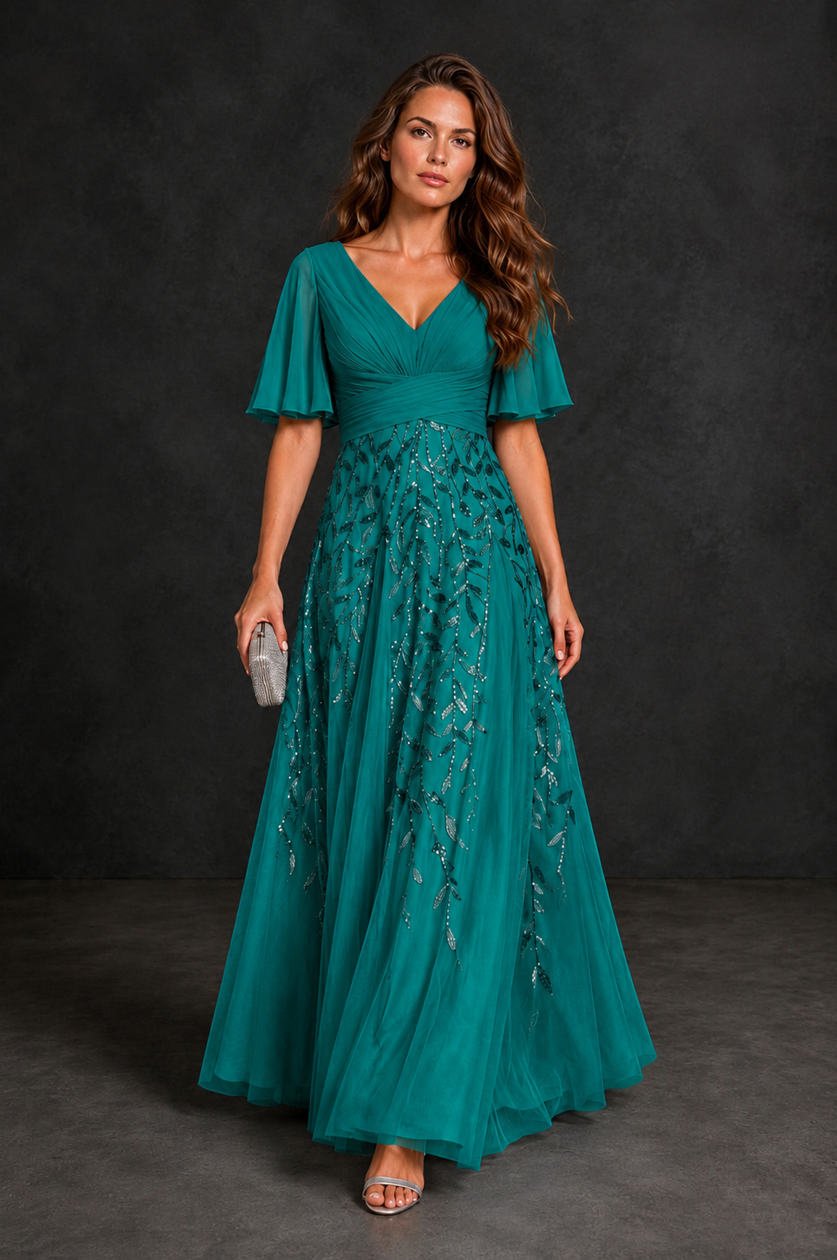 BOLODOO Teal V-Neck Flutter Sleeve Beaded Botanical Tulle A-Line Gown | Mother of the Bride Evening Dress - Teal - Teal_4