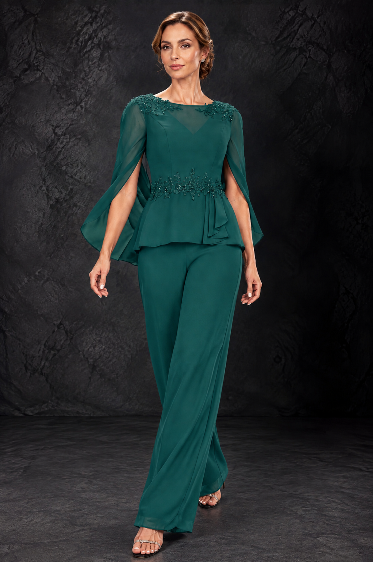 BOLODOO Teal Embellished Cape Sleeve Mother of the Bride Pantsuit - Teal - Teal_4