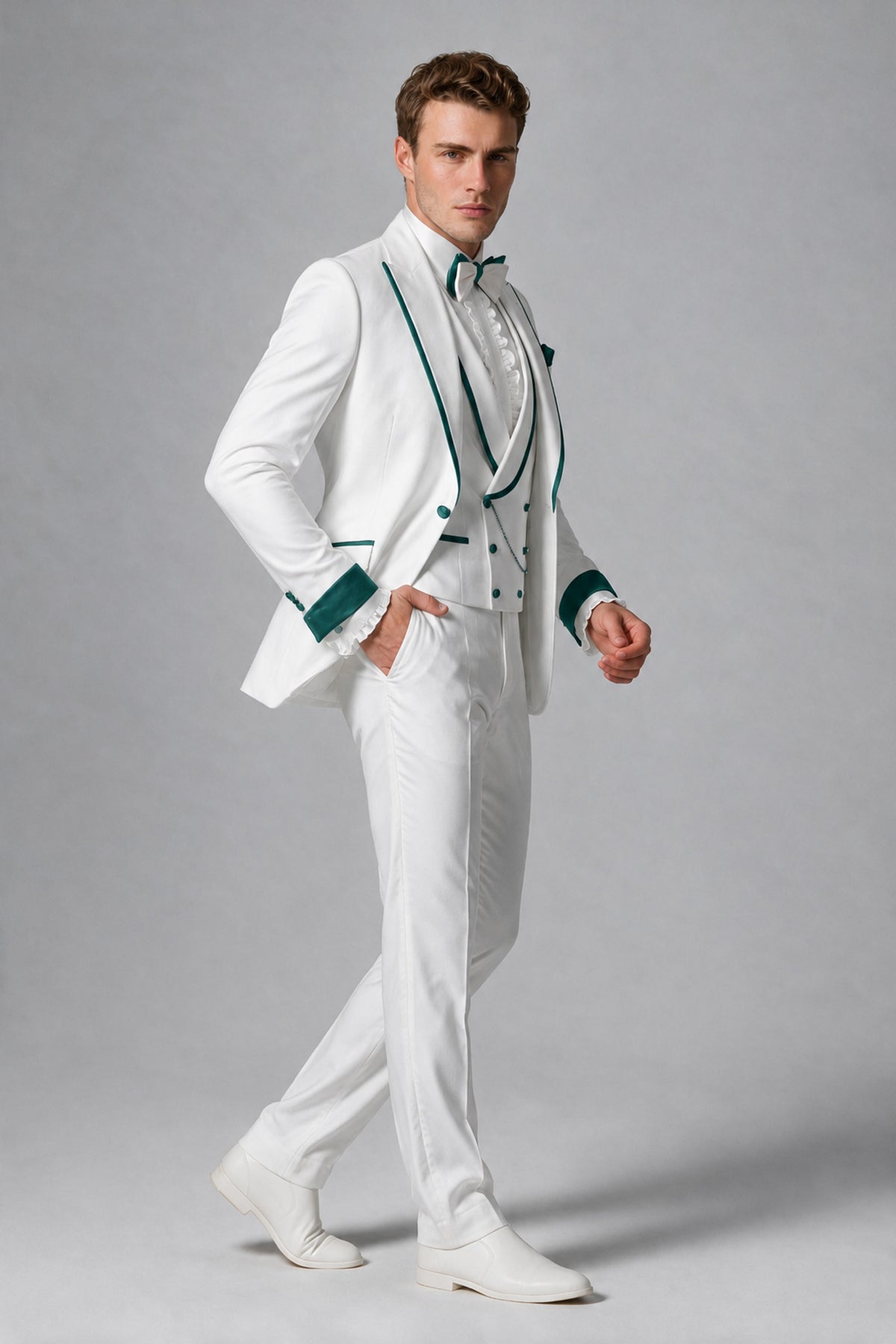 Bolodoo Men's White and Teal Three-Piece Wedding Tuxedo Suit - Teal - Teal_4