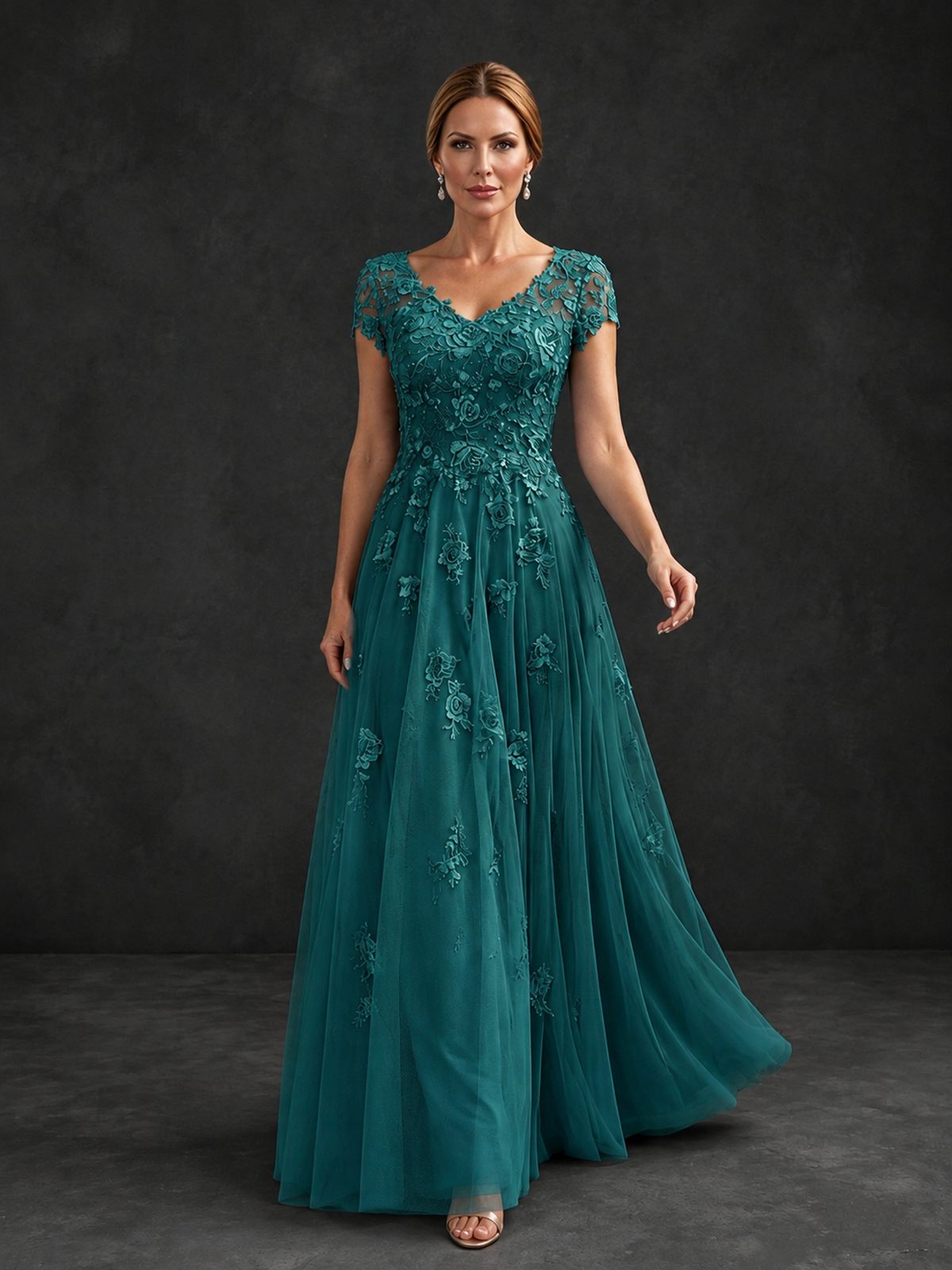 BOLODOO Teal Cap Sleeve Lace Appliqué A-Line Formal Gown | Mother of the Bride Dress - Teal - Teal_4