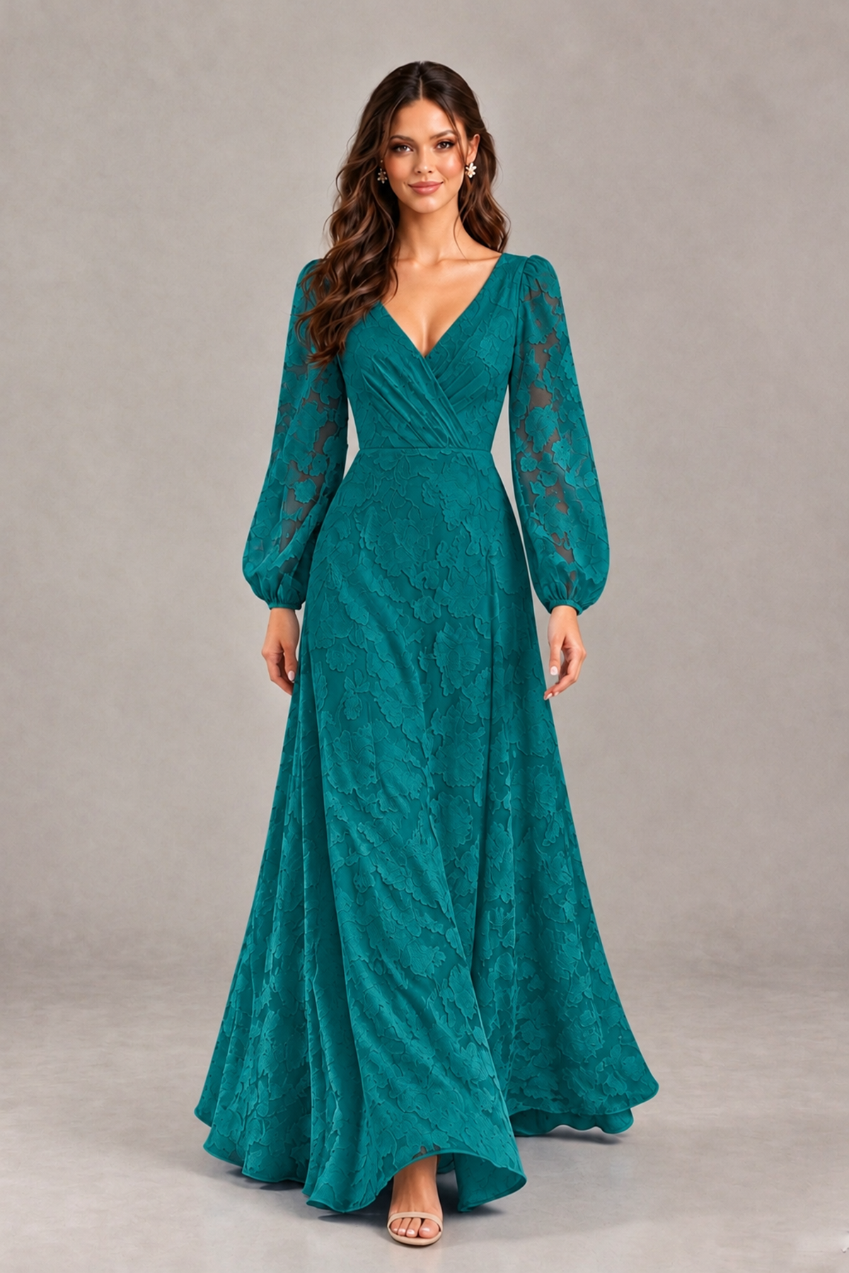 BOLODOO Teal Long Sleeve V-Neck A-Line Mother of the Bride Dress - Teal - Teal_4