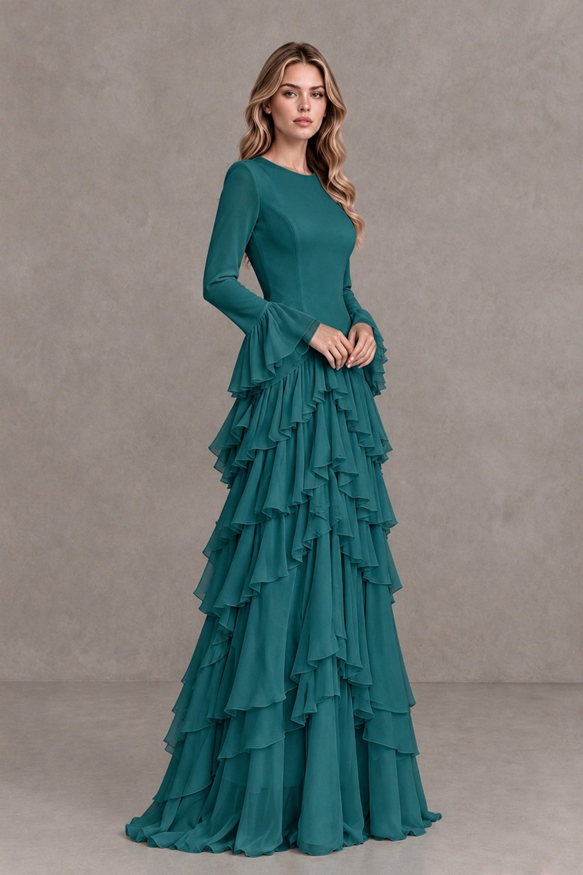 Teal Long Sleeve Tiered Ruffle Evening Gown - Teal - Teal_4
