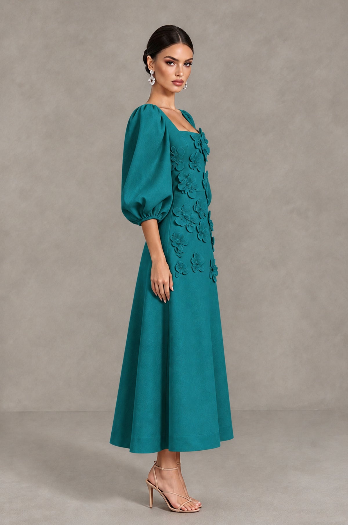 BOLODOO Teal 3D Floral Puff Sleeve Midi Cocktail Dress - Teal - Teal_4