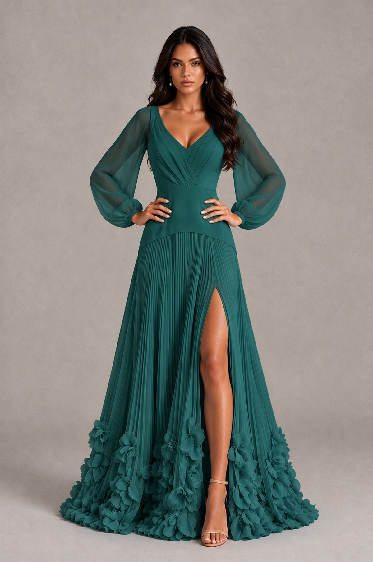 BOLODOO Teal V-Neck Long Sleeve Pleated Floral Hem Evening Dress - Teal - Teal_4