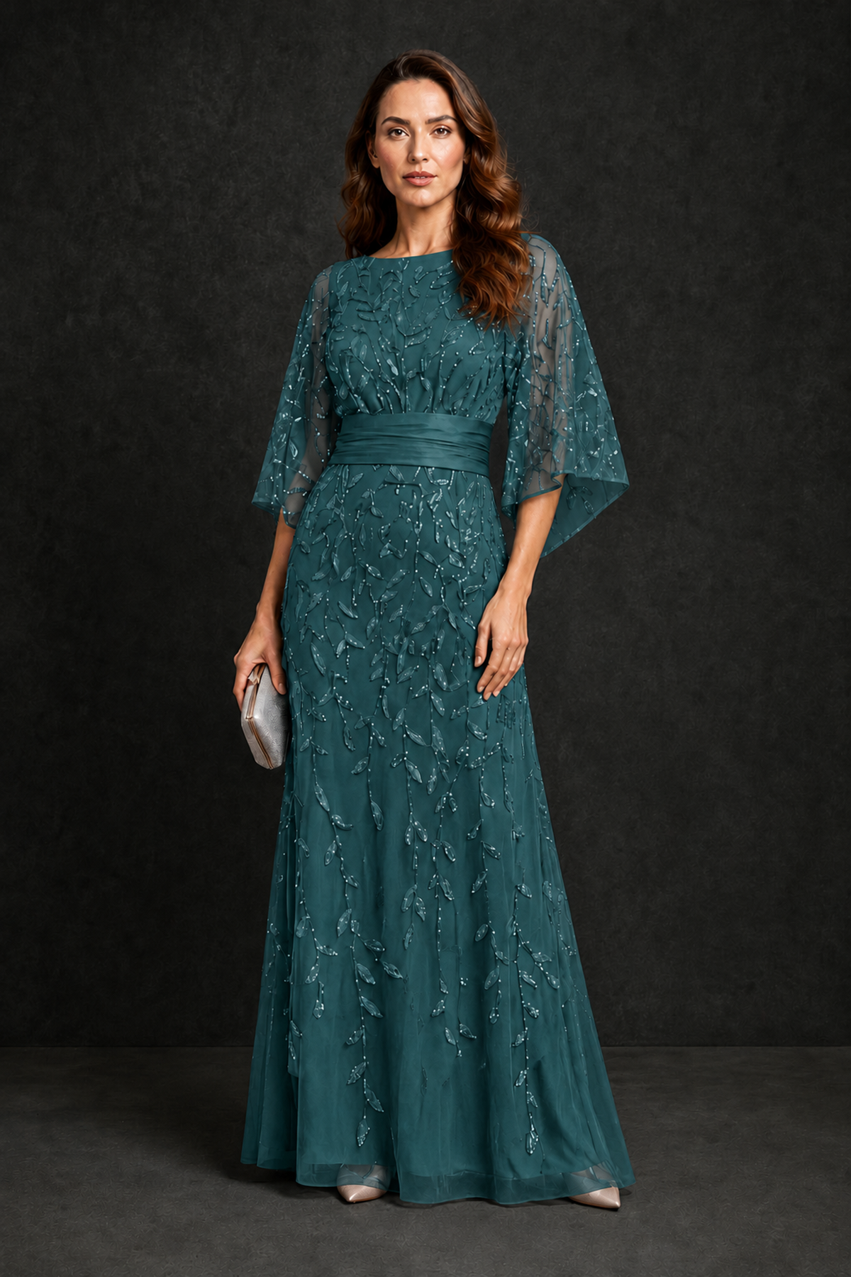 BOLODOO Teal Bateau Neck Bell Sleeve Sequin Embroidered Satin Waist A-Line Maxi Dress - Teal - Teal_4