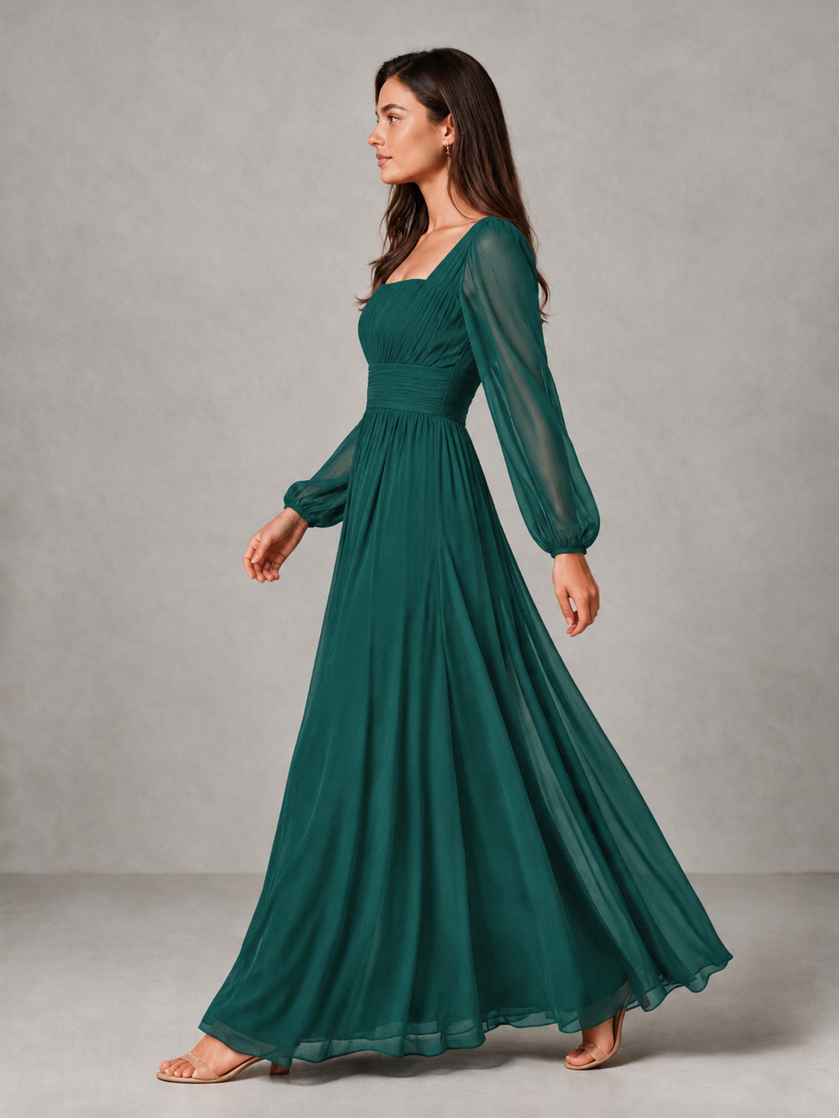 BOLODOO Teal Square Neck Long Sleeve Chiffon Bridesmaid Dress - Teal - Teal_4
