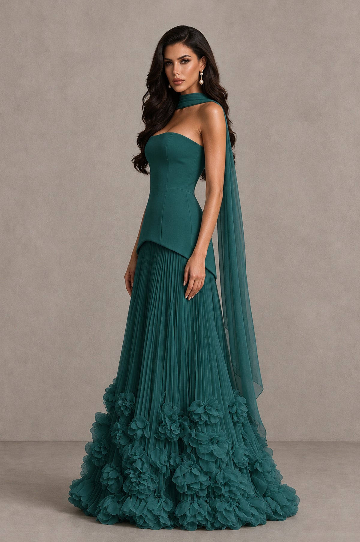BOLODOO Teal Strapless Pleated Floral Hem Evening Gown - Teal - Teal_4