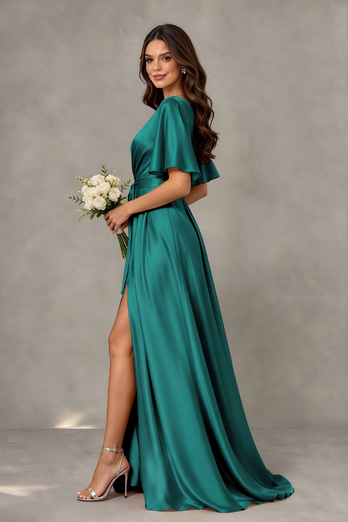 BOLODOO Teal Satin V-Neck Flutter Sleeve Bridesmaid Dress with Slit - Teal - Teal(4)