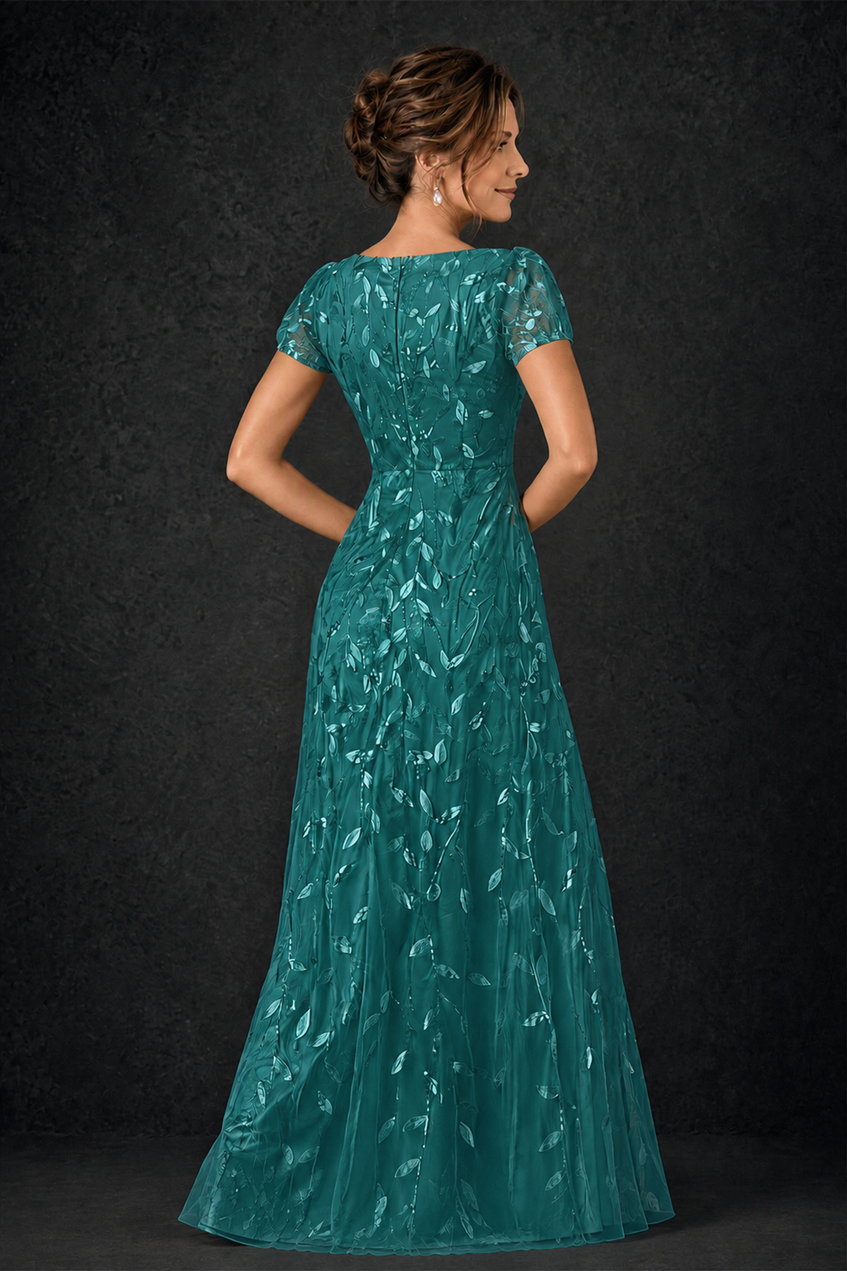 BOLODOO Teal Leaf Embroidered A-Line Formal Gown with Cap Sleeves - Teal - Teal_4