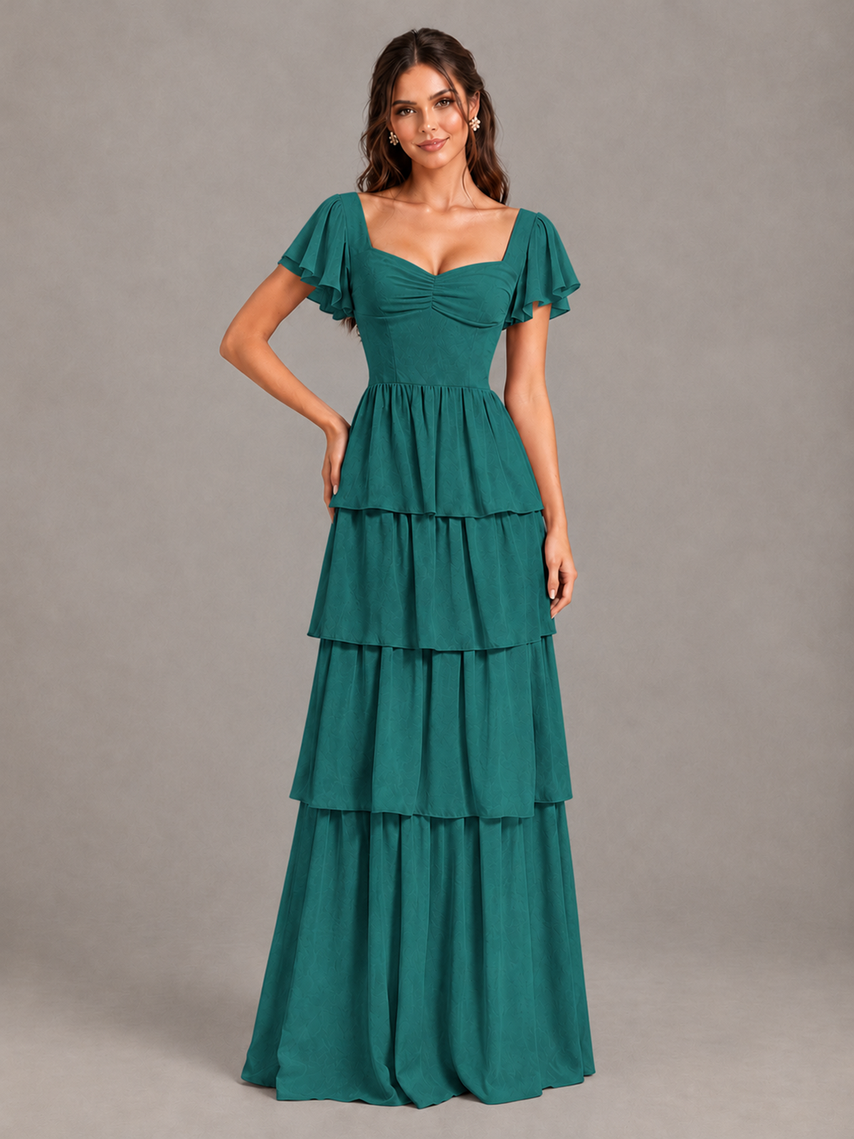 BOLODOO Teal Flutter Sleeve Tiered Maxi Bridesmaid Dress - Teal - Teal_4
