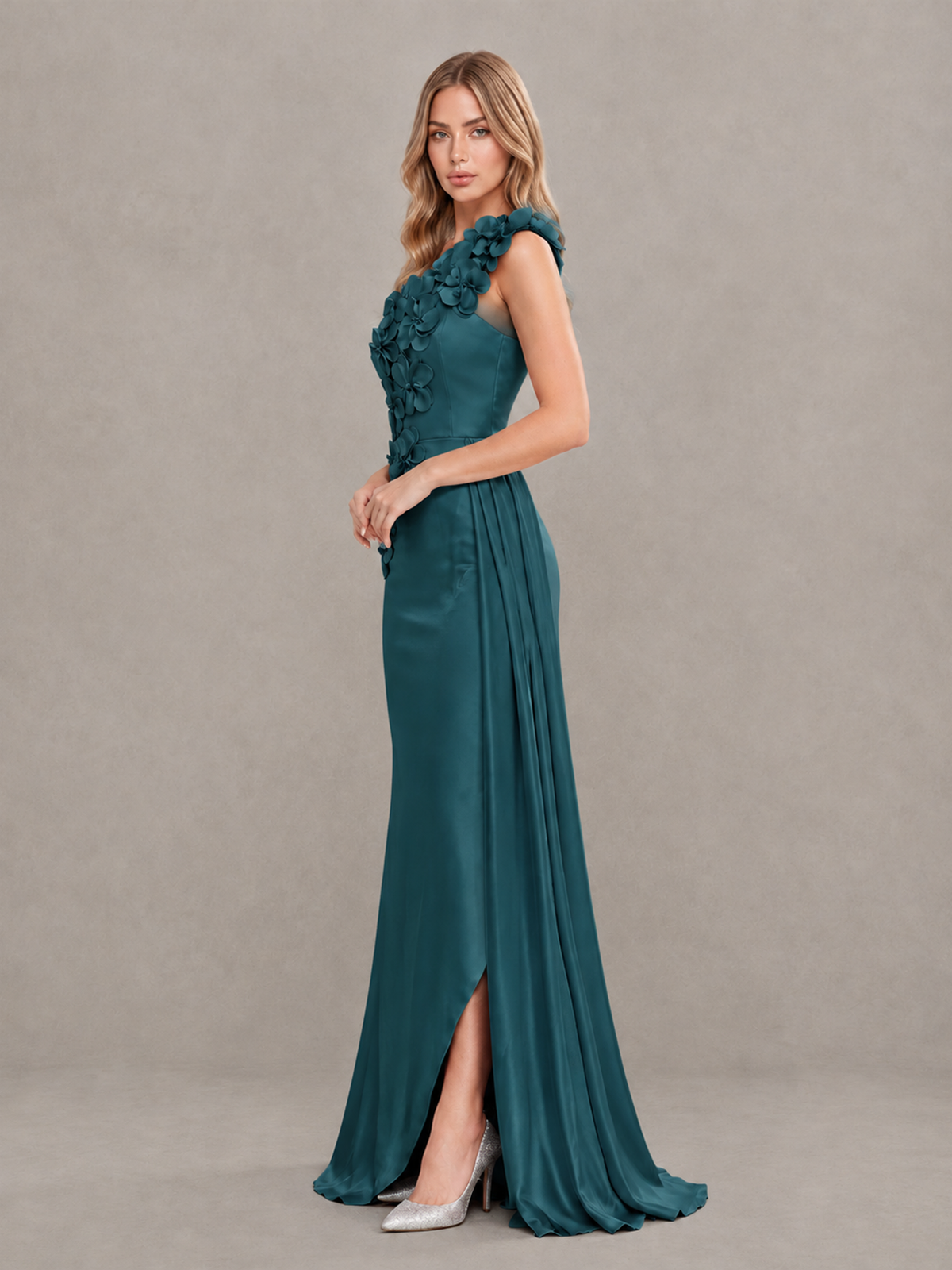 BOLODOO Teal One-Shoulder Satin Mermaid Evening Gown with 3D Floral Appliqué - Teal - Teal_4