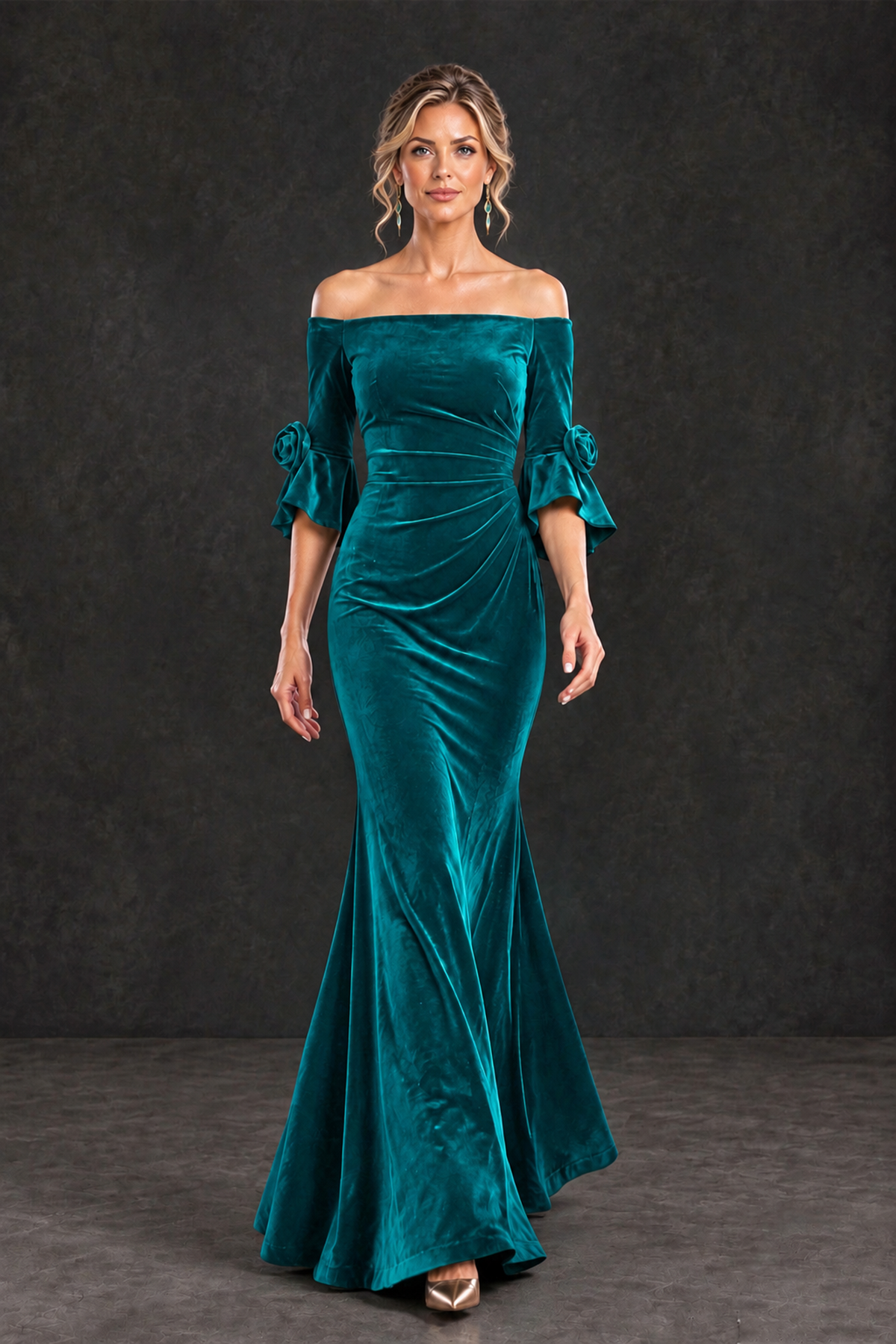 BOLODOO Teal Velvet Off-Shoulder Mother of the Bride Dress – 3/4 Floral Cuff Sleeve Mermaid Evening Gown - Teal - Teal_4
