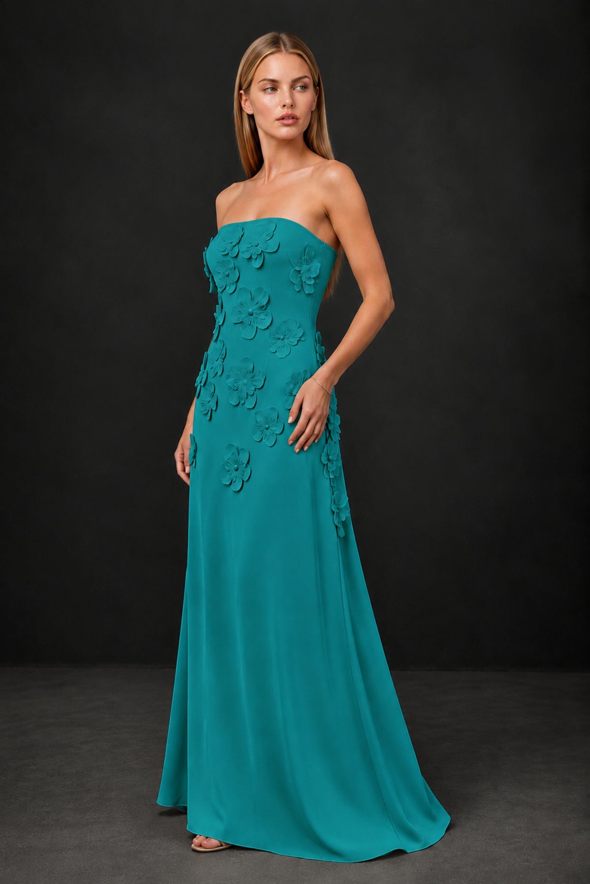 BOLODOO Teal Strapless 3D Floral Appliqué Crepe Maxi Gown - Teal