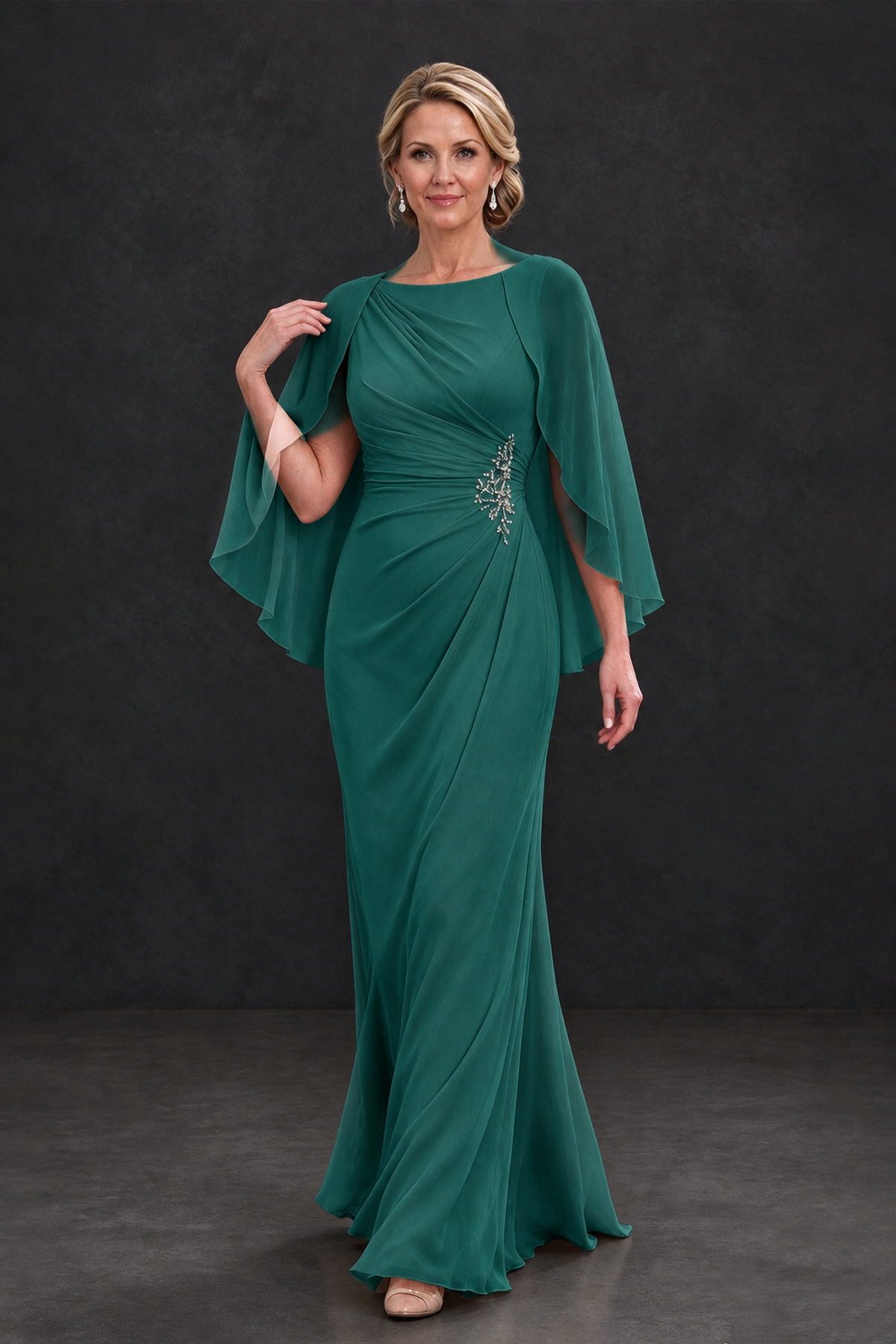 BOLODOO Teal Cape Sleeve Mother of the Bride Dress with Ruched Waist - Teal - Teal_4