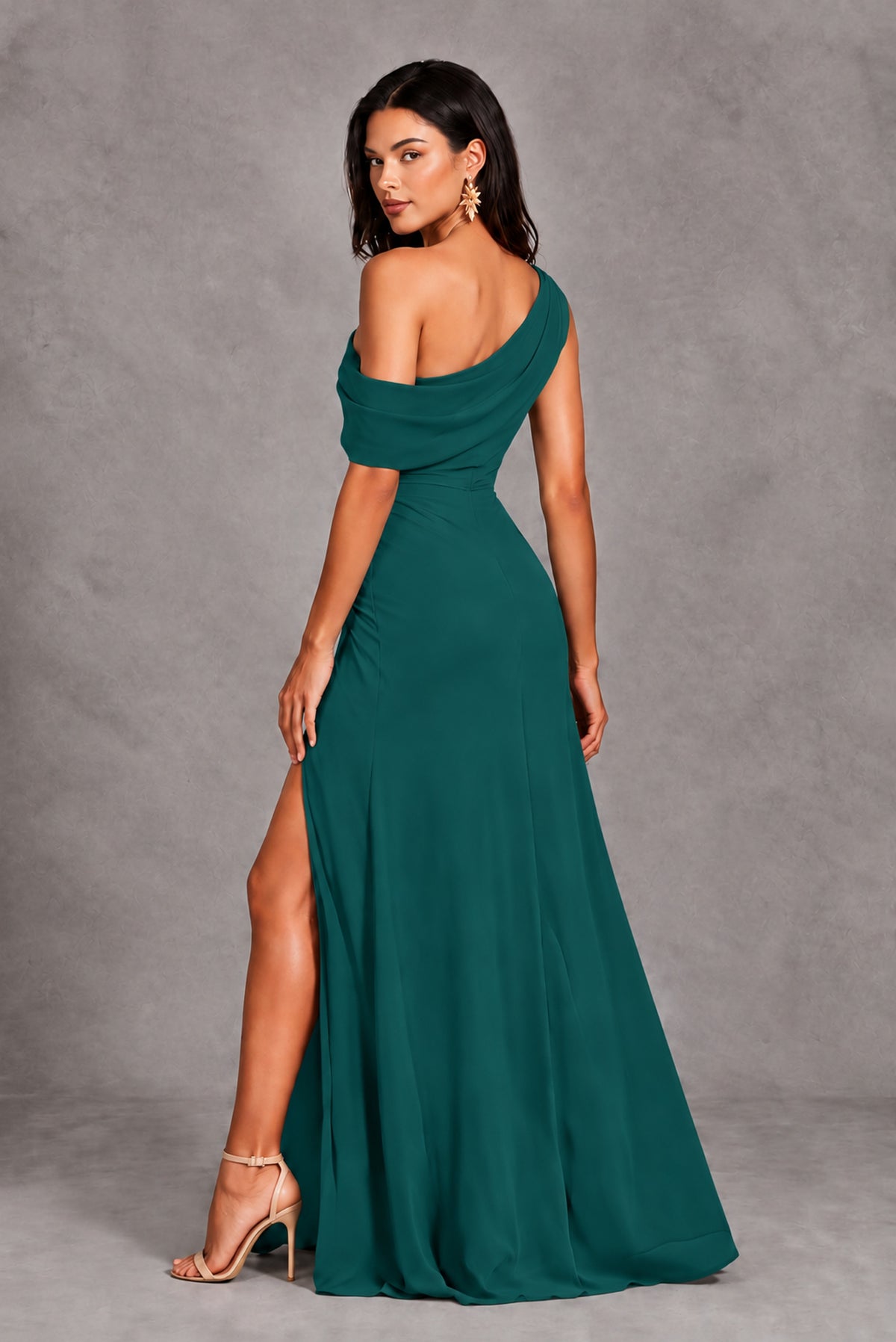 Teal One-Shoulder Floor-Length Evening Gown with High Slit - Teal