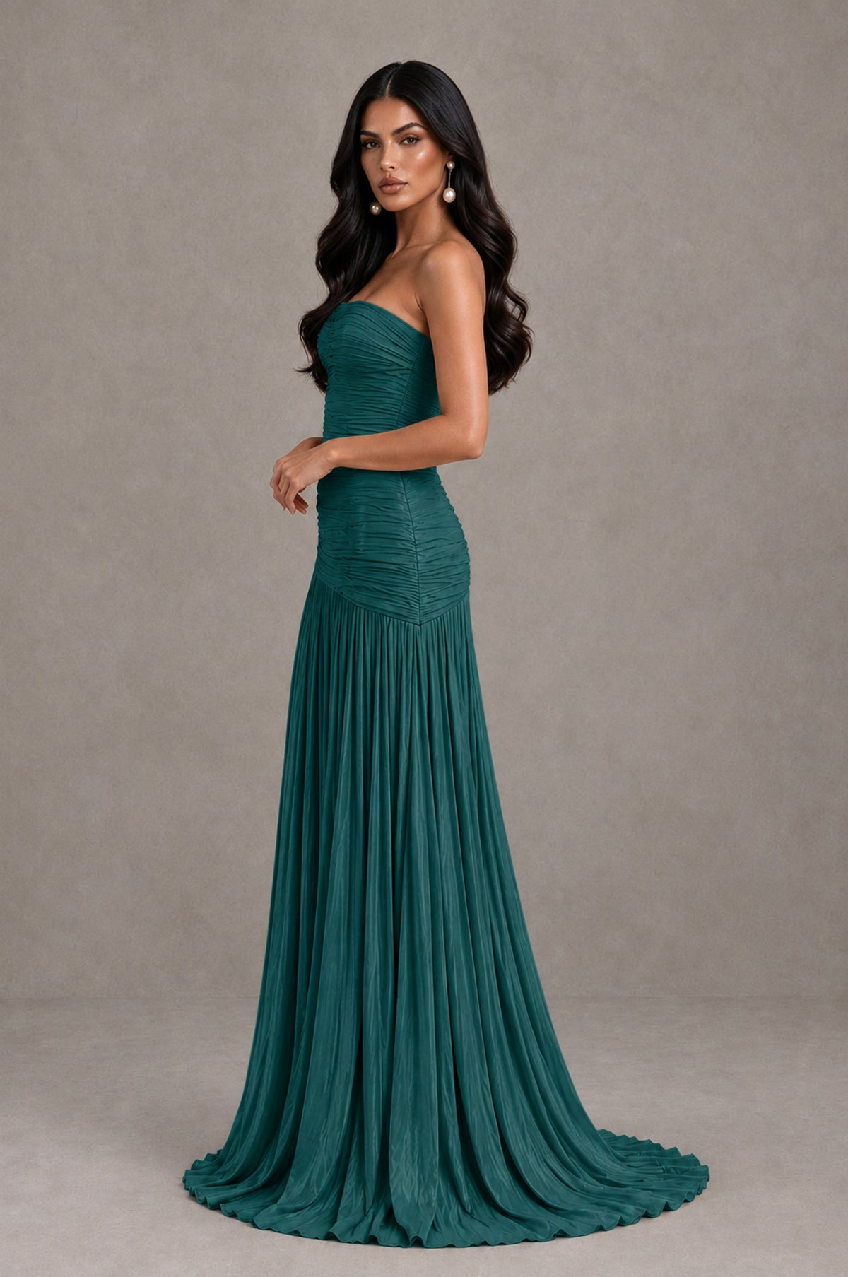 BOLODOO Teal Metallic Ruched Strapless Pleated A-Line Backless Maxi Dress with Train - Teal - Teal_4