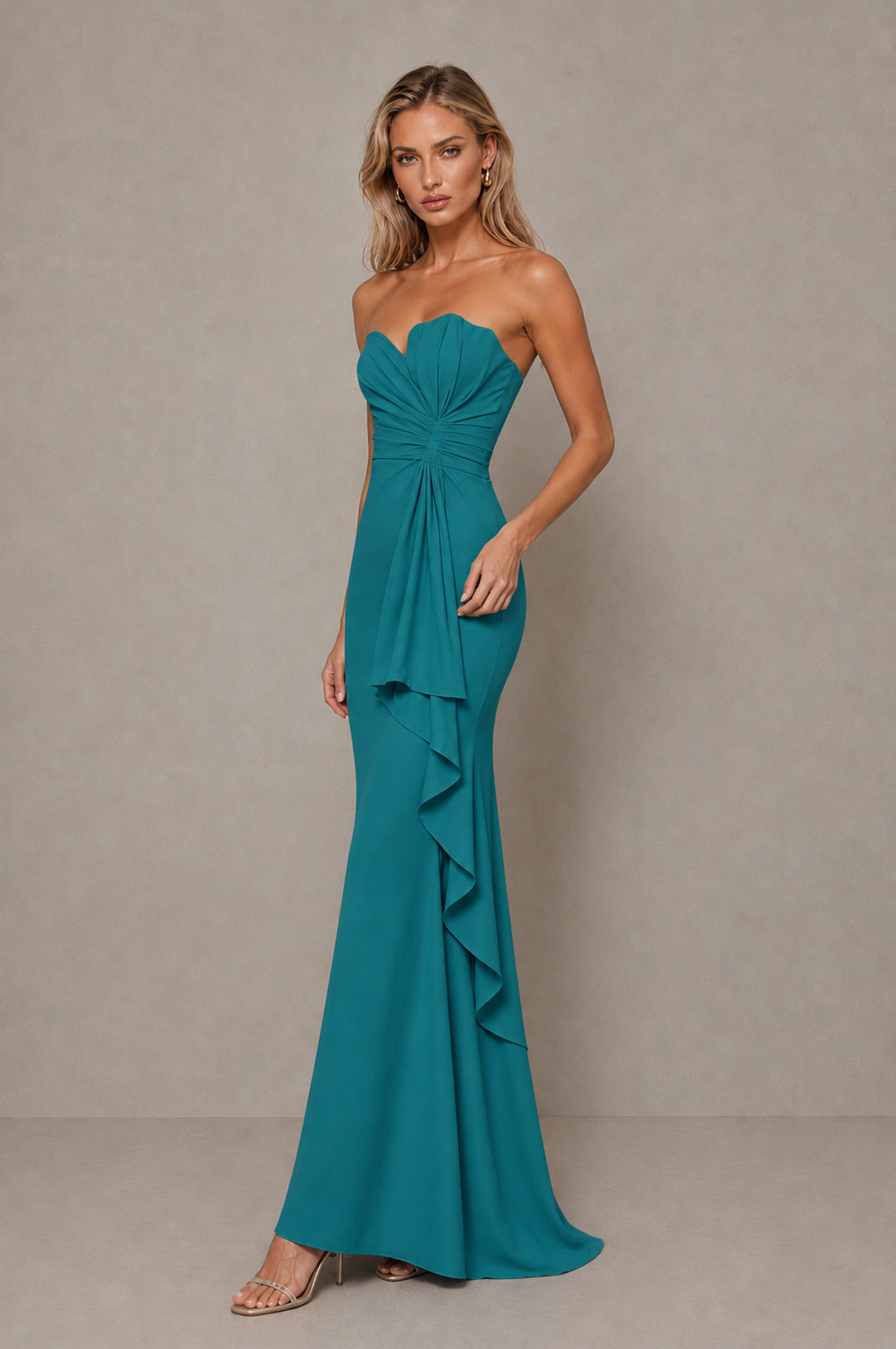 BOLODOO Teal Strapless Sweetheart Ruched Mermaid Gown | Cascade Drape Formal Evening Dress - Teal - Teal_4