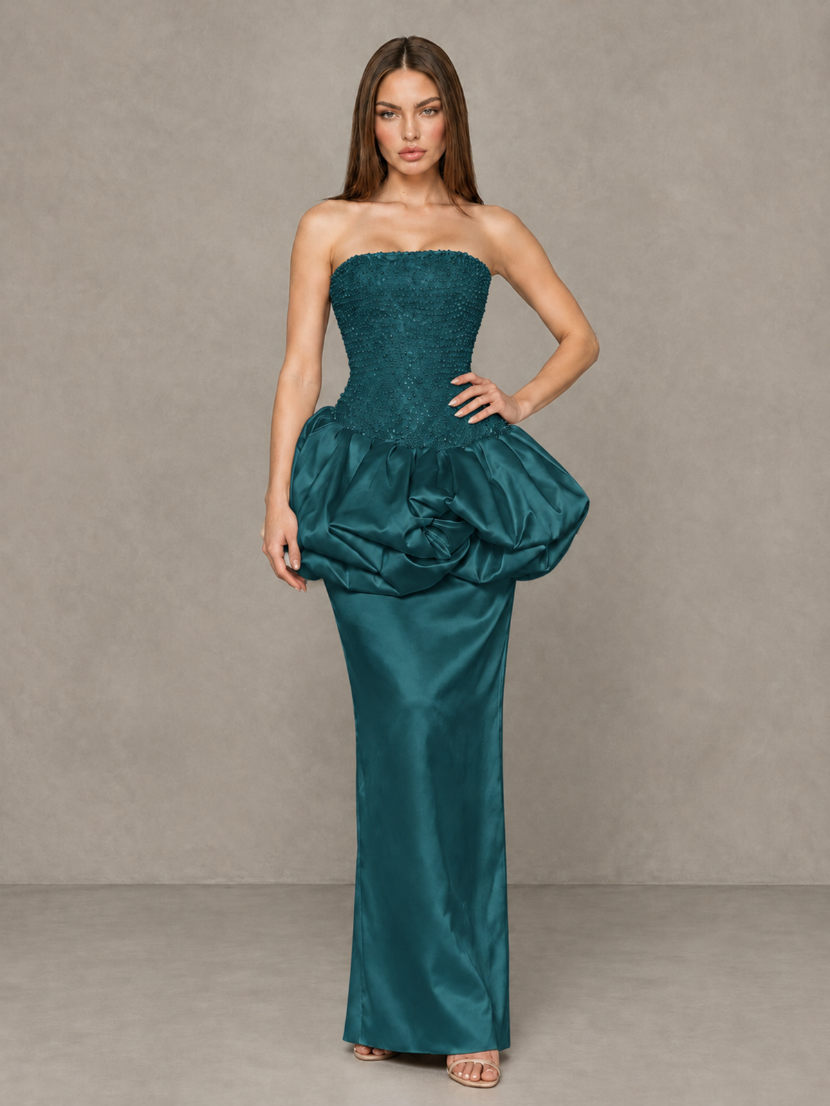 BOLODOO Teal Strapless Embellished Bubble Peplum Evening Dress - Teal - Teal_4