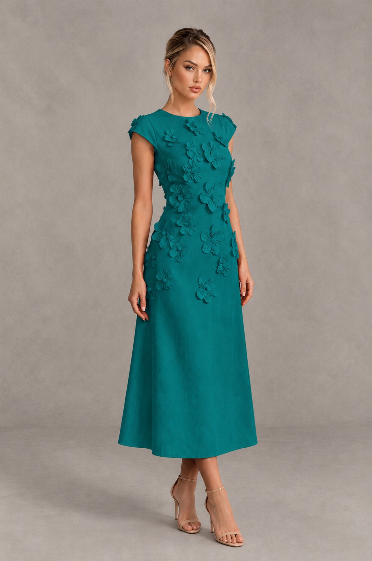 BOLODOO Teal 3D Floral Cap Sleeve Midi Cocktail Dress - Teal - Teal_4