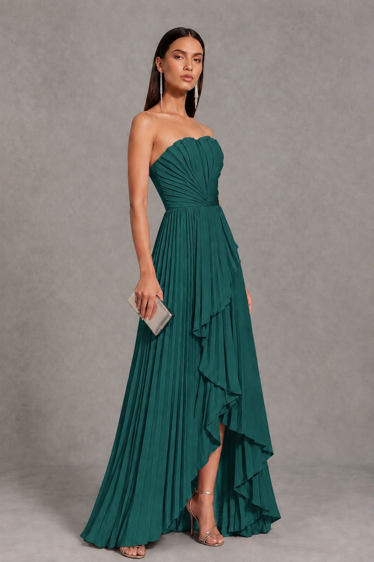 Teal Strapless Pleated High-Low Evening Gown with Ruffle Hem - Teal - Teal_4